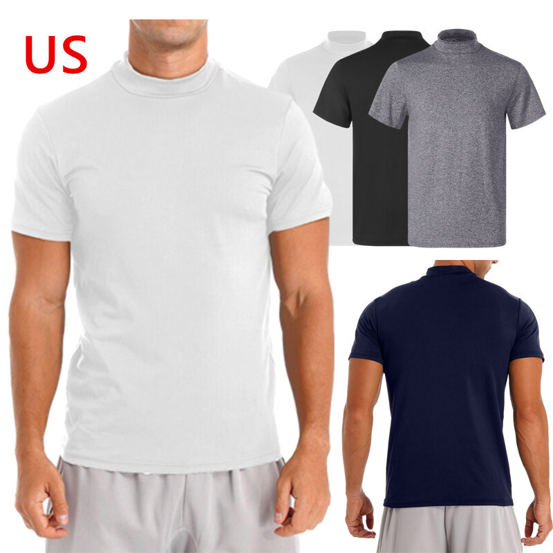 Freebily US Men Mock Neck T-shirt Short Sleeve Undershirt Casual Solid Color Top