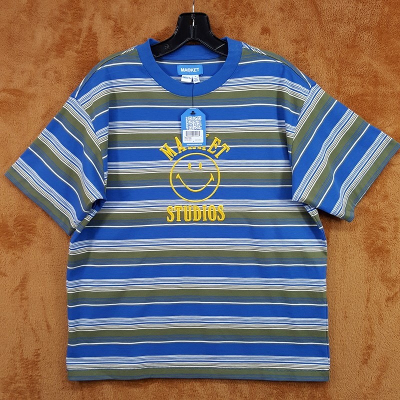 MARKET STUDIO Shirt Mens Small Blue Stripe Pullover Crew Smiley T-Shirt Tee