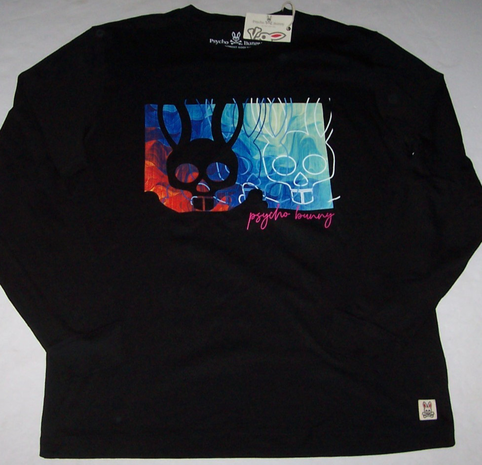 NWT Psycho Bunny BLACK Graphic Long Sleeve T-Shirt PIMA COTTON Men 7/XL LOGO