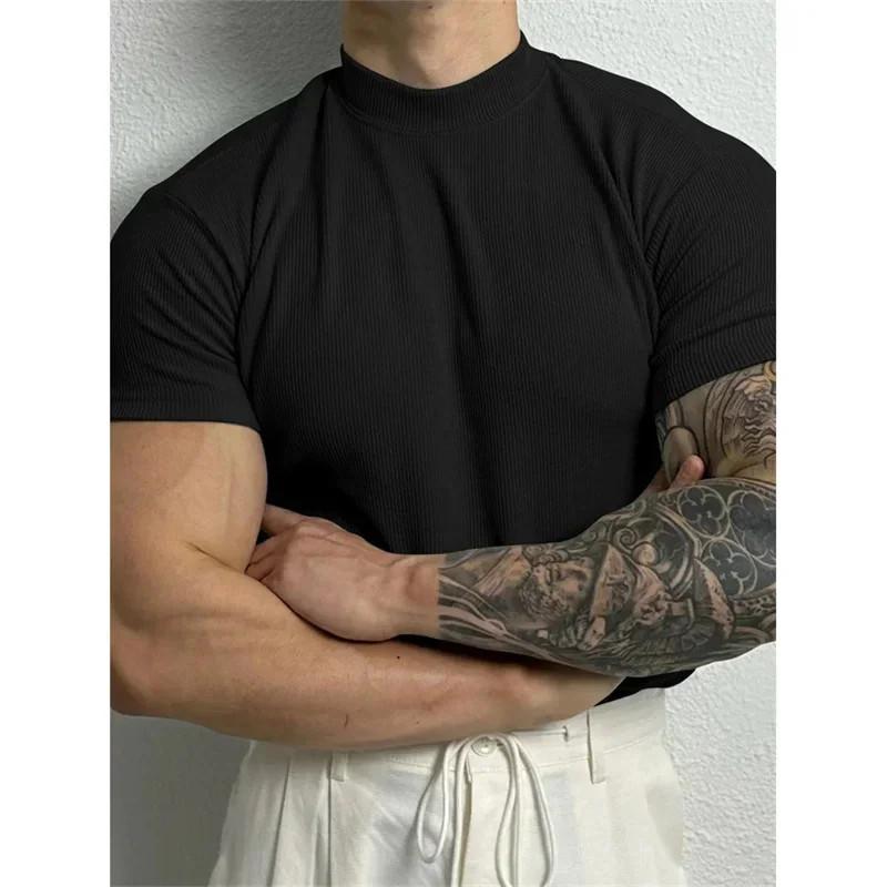Men T Shirt Stripe Print Short Sleeve Elastic Fit High Collar Sport Gym Training