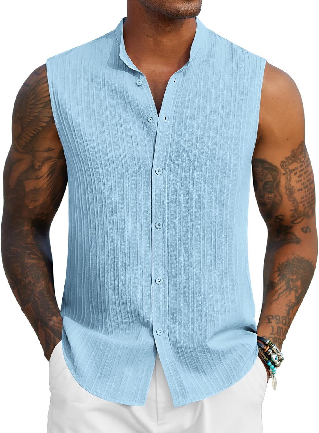 Mens Sleeveless Summer Shirts Beach Tank Tops Button Up Tank Shirt for Vacation