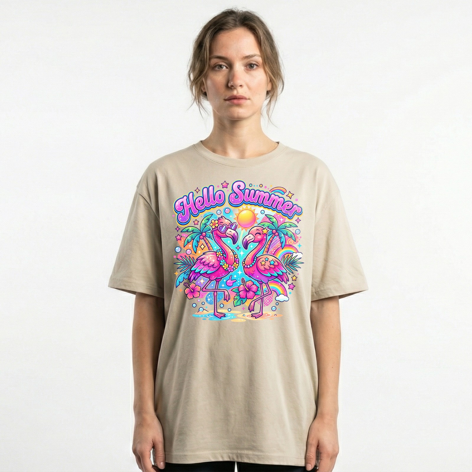 Hello Summer Tropical Flamingo T-Shirt Retro Neon Beach Vacation Holiday Tee