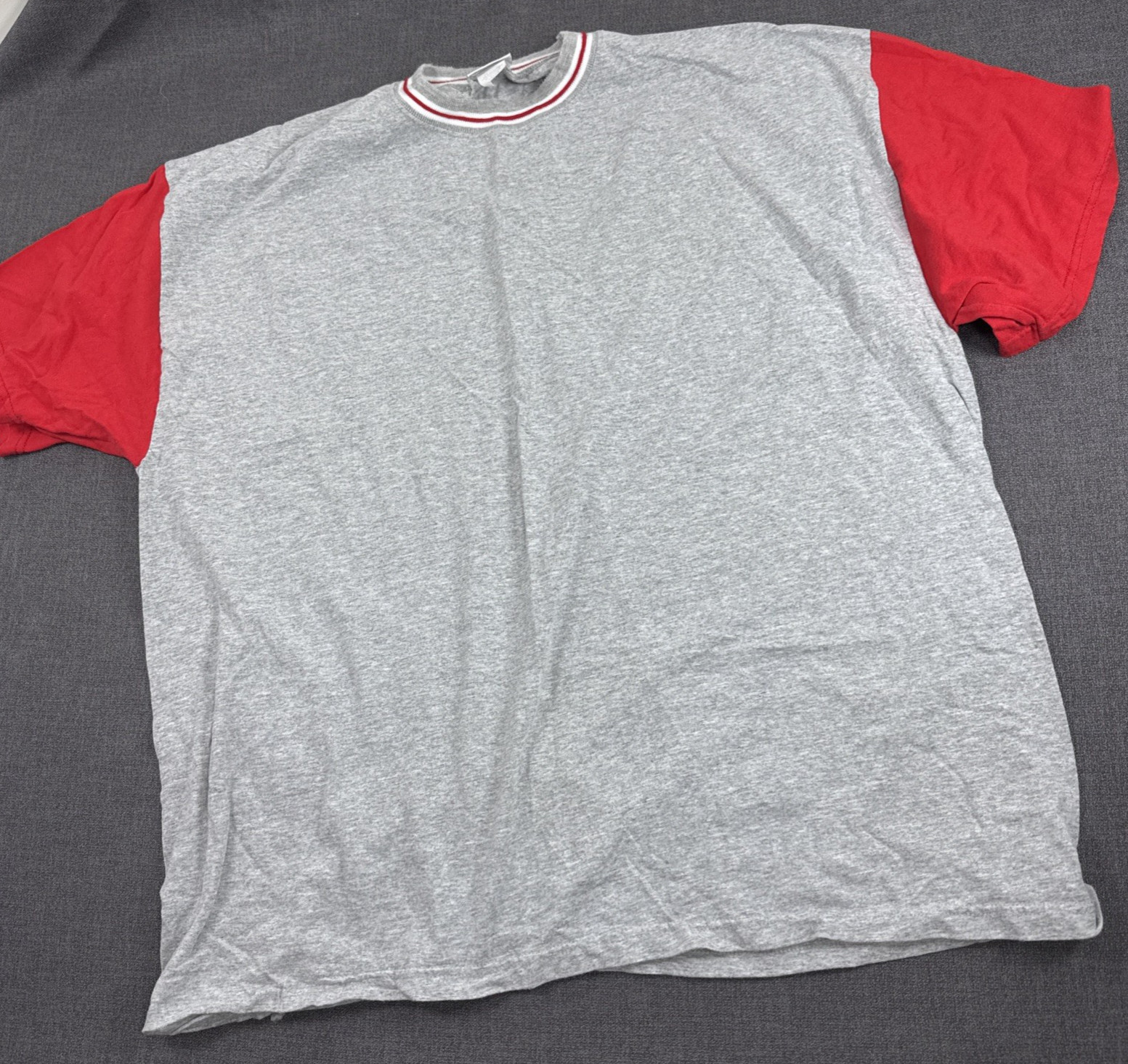 Vtg Basic Editions T Shirt Grey Red Sleeves Ribbed Crew Neck Men’s 3X
