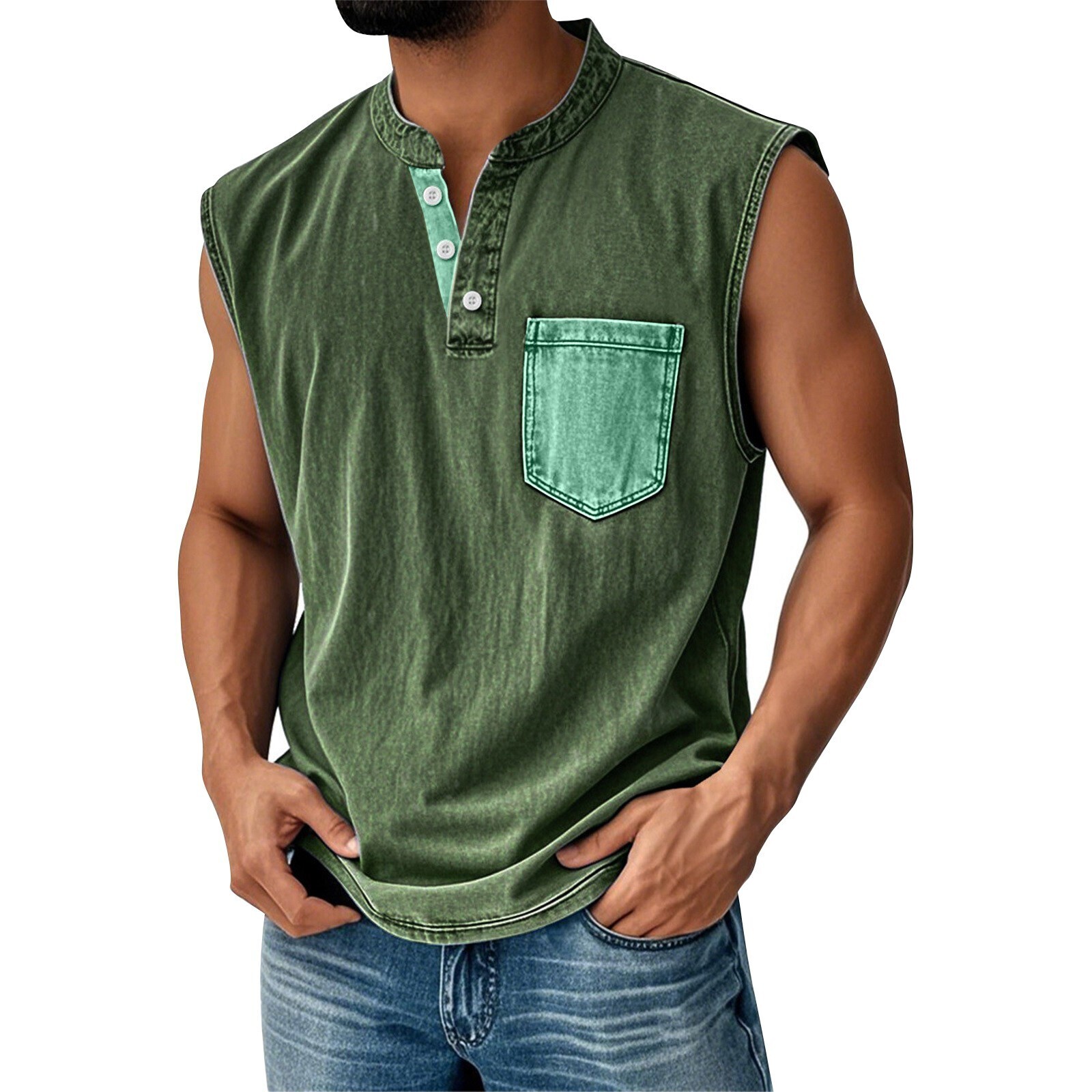 Men Sleeveless Beach Shirts Summer Hawaiian Shirts Casual Button Henley Tank Top