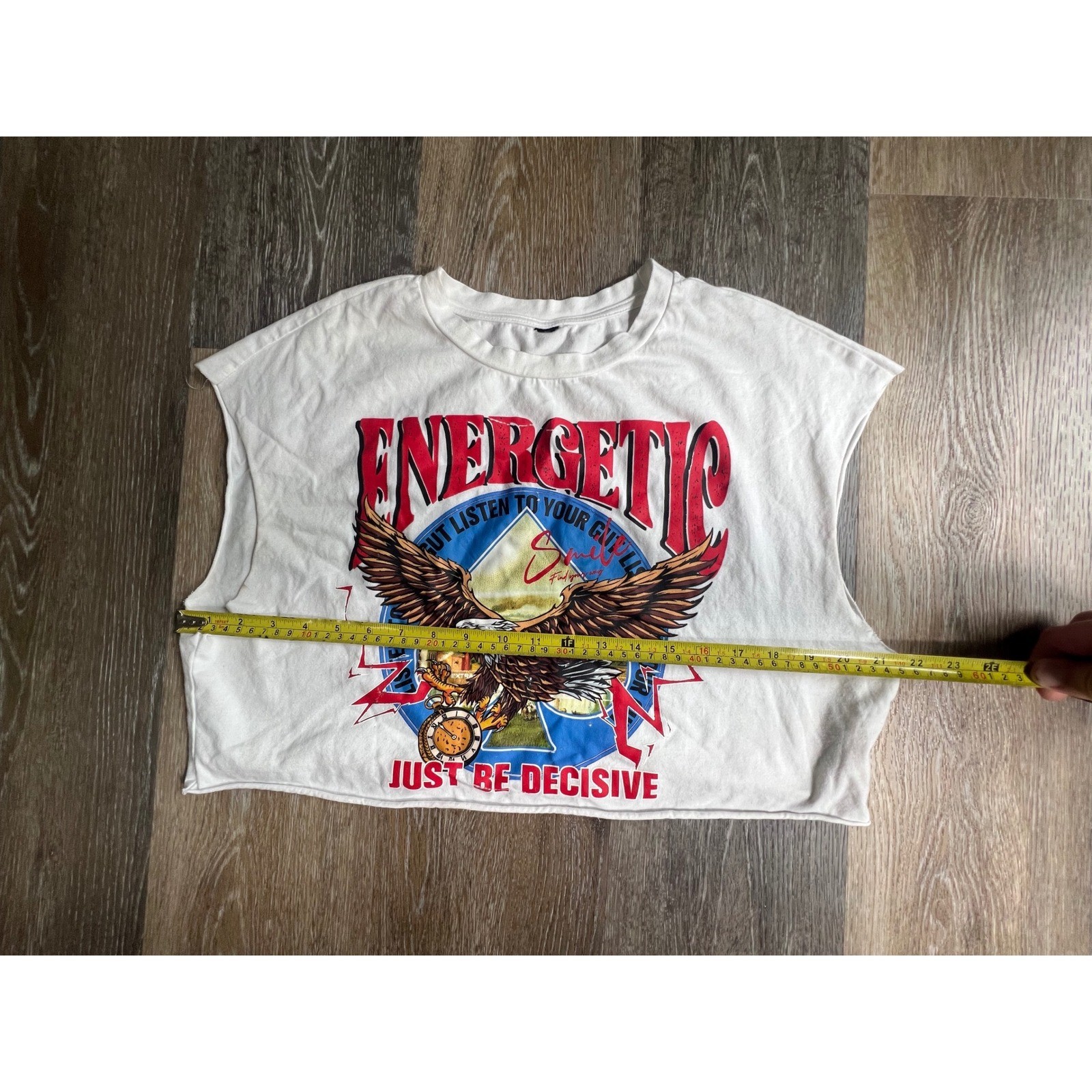 Graphic Muscle Tee Mens XL White Energetic Eagle Cropped Raw Hem