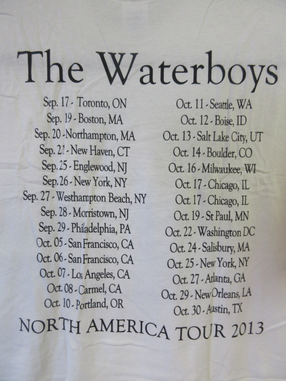 THE WATERBOYS OFFICIAL N.A. 2013 TOUR BAND CONCERT MUSIC T-SHIRT EXTRA LARGE