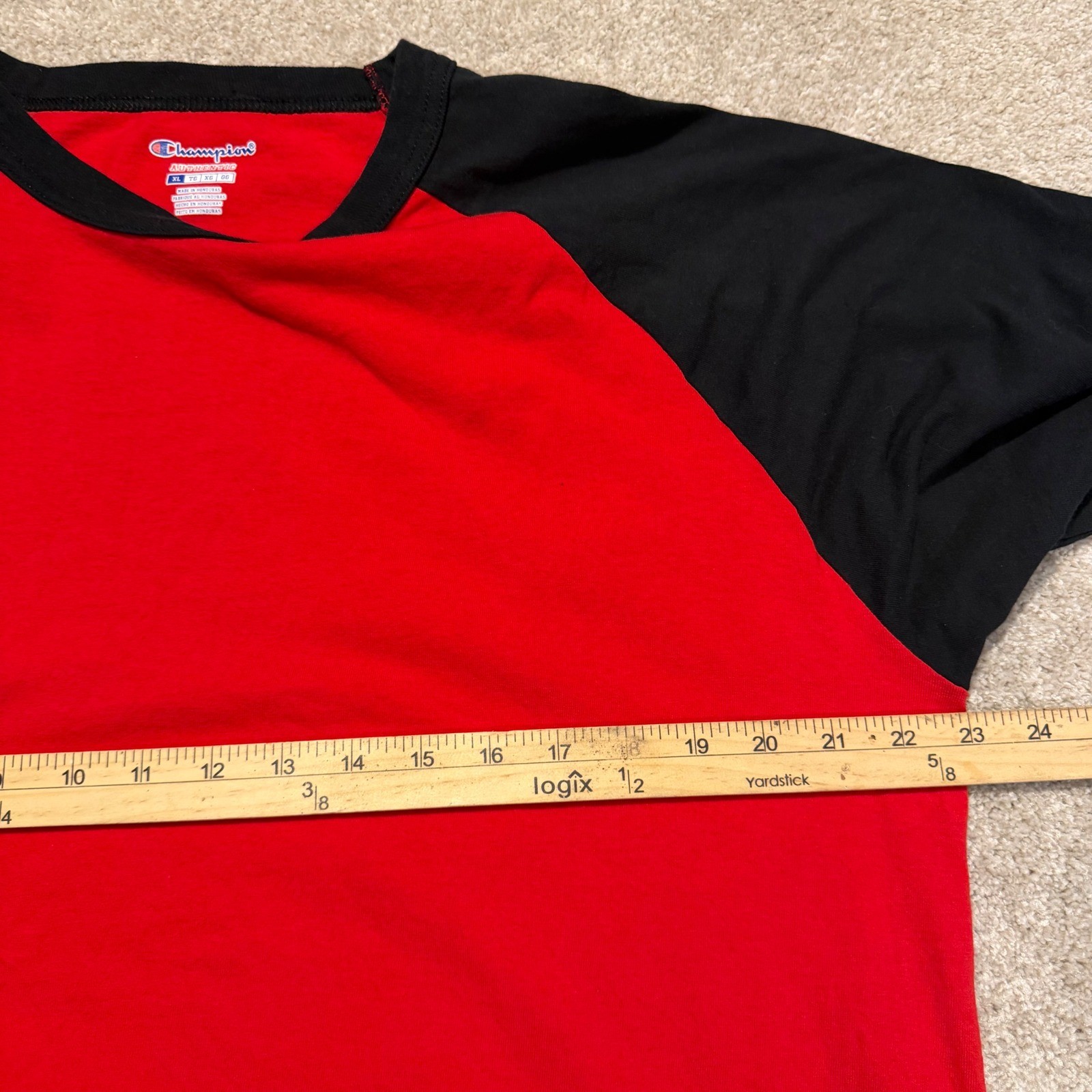 Champion Raglan Tee Mens XL Red Black 3/4 Sleeve Baseball Shirt T137