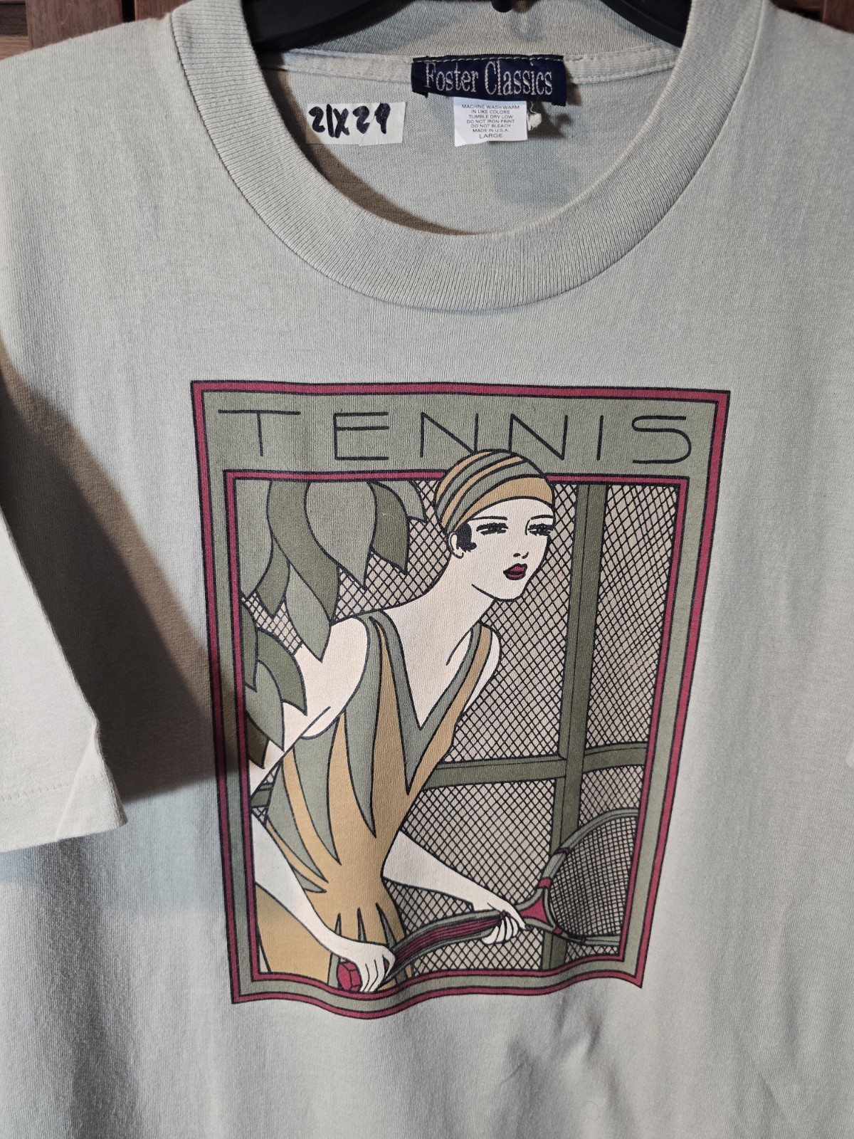 VINTAGE 90s Art Deco Flapper Girl Tennis T Shirt Mens Size Large 1920s Art