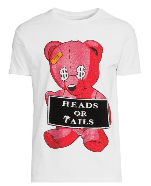 Heads Of Tail Tee Embellished Man’s White M Bear Rhinestones Money Shirt Sleeves
