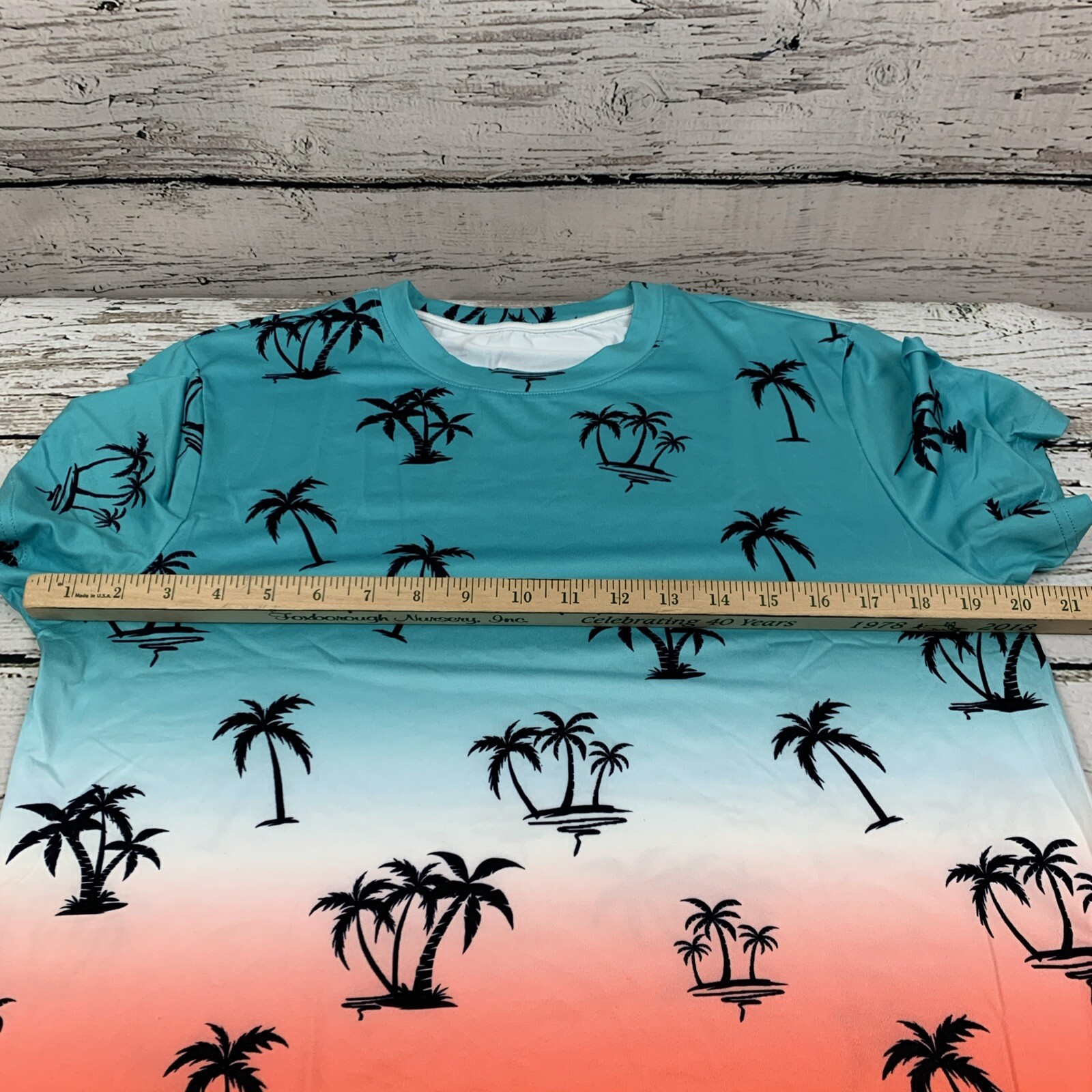 Tropical Palm Tree Print T-Shirt Blue Orange Ombre Graphic Tee [Size Small]