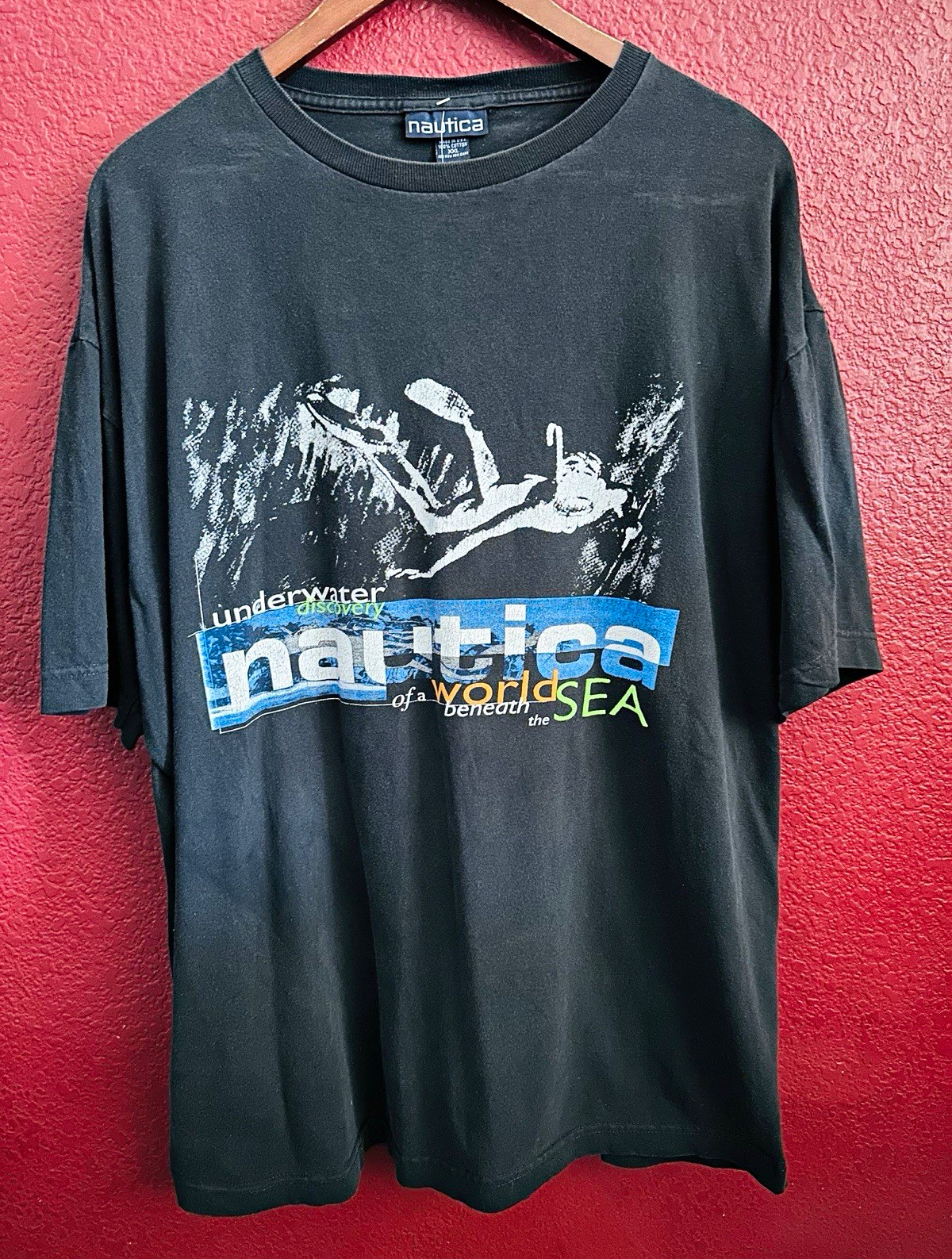 Y2K Nautica Underwater Discovery Scuba Diver Graphic Tee Black Crew Neck XXL
