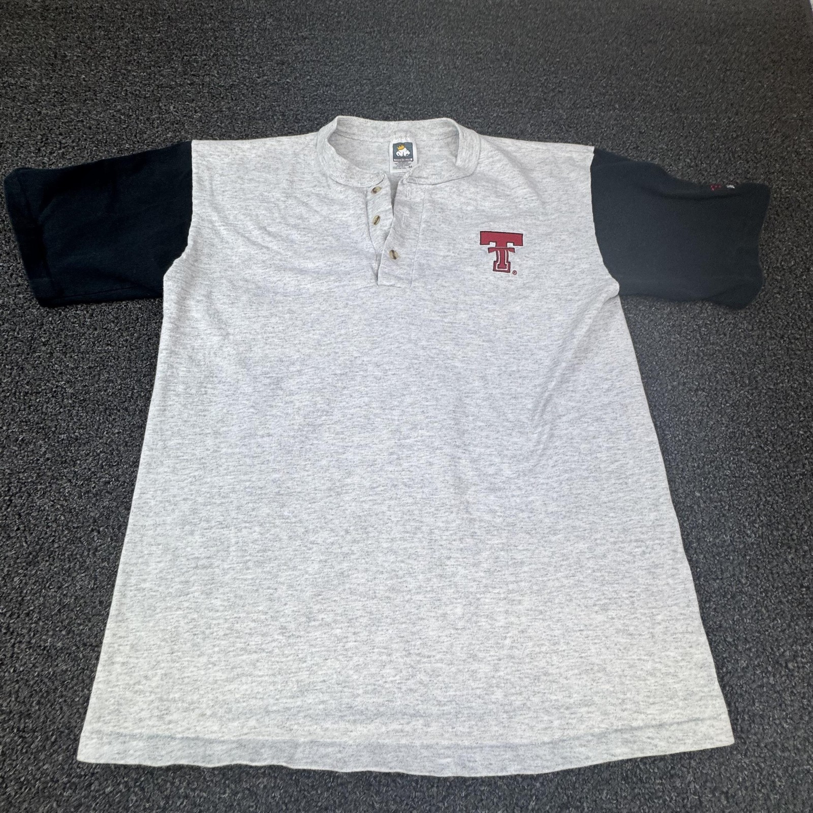 Vtg Cotton Deluxe Shirt Mens M Gray Henley Colorblock Single Stitch T-Shirt