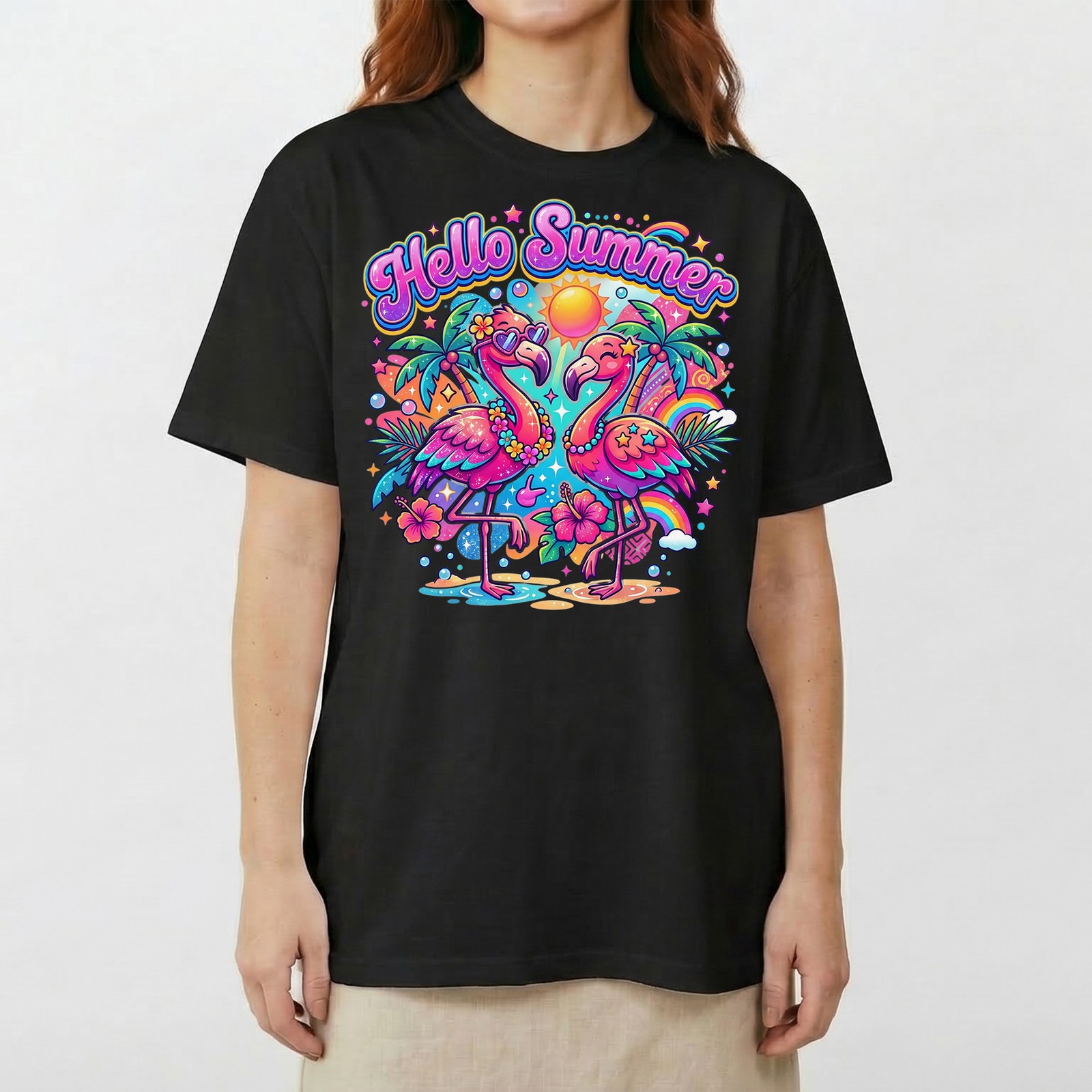 Hello Summer Tropical Flamingo T-Shirt Retro Neon Beach Vacation Holiday Tee