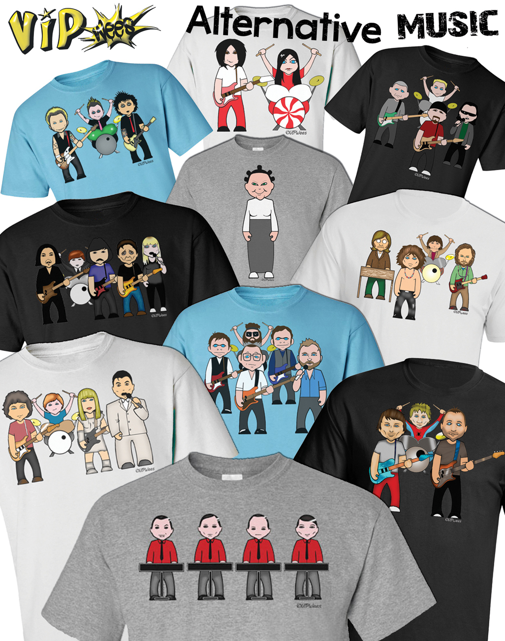 VIPwees Mens ORGANIC TShirt Alternative Music Inspired Caricatures Choose Design