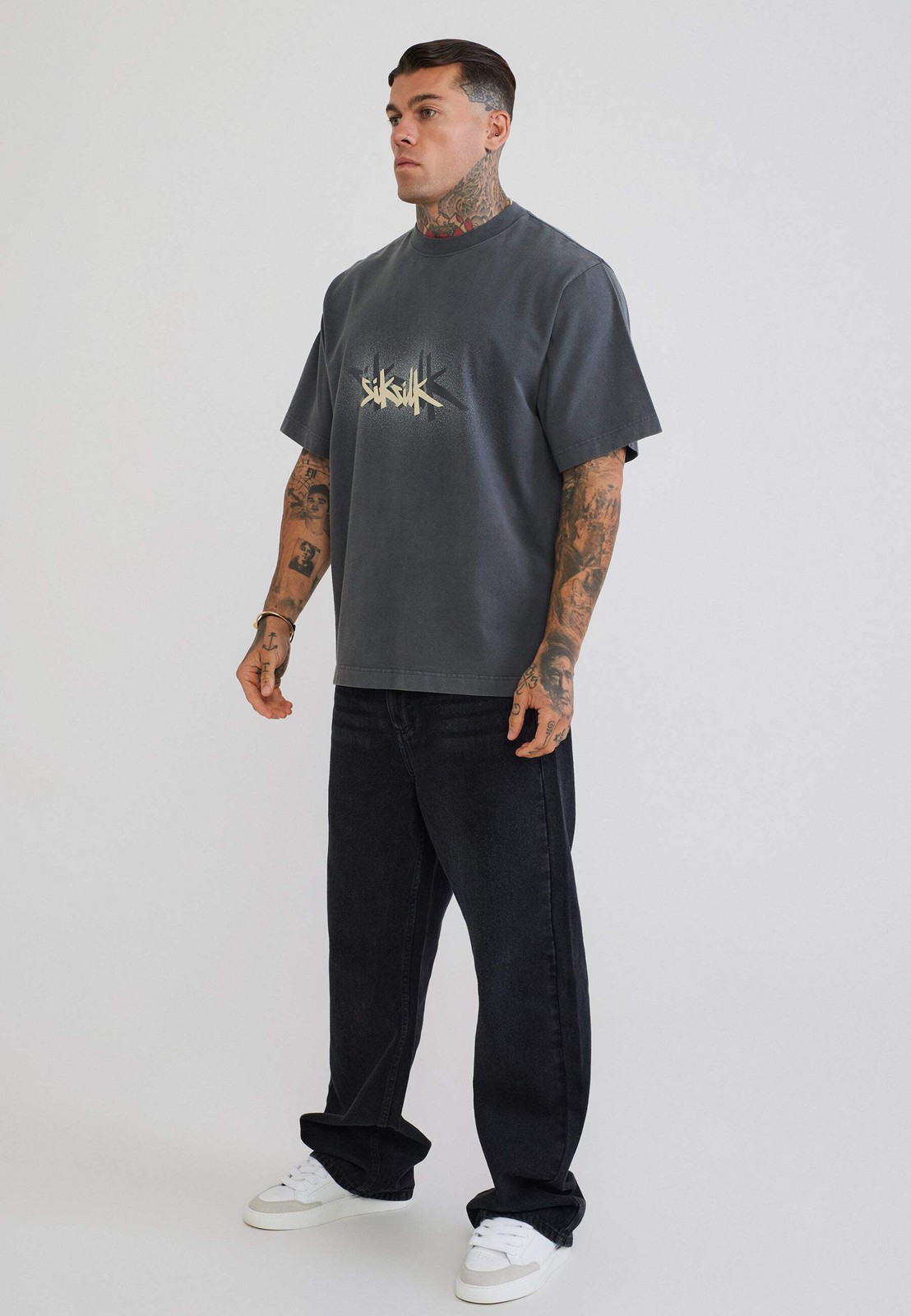 SikSilk Men’s Oversized Fit Drop Shoulder Graphic T-Shirt Tee Grey