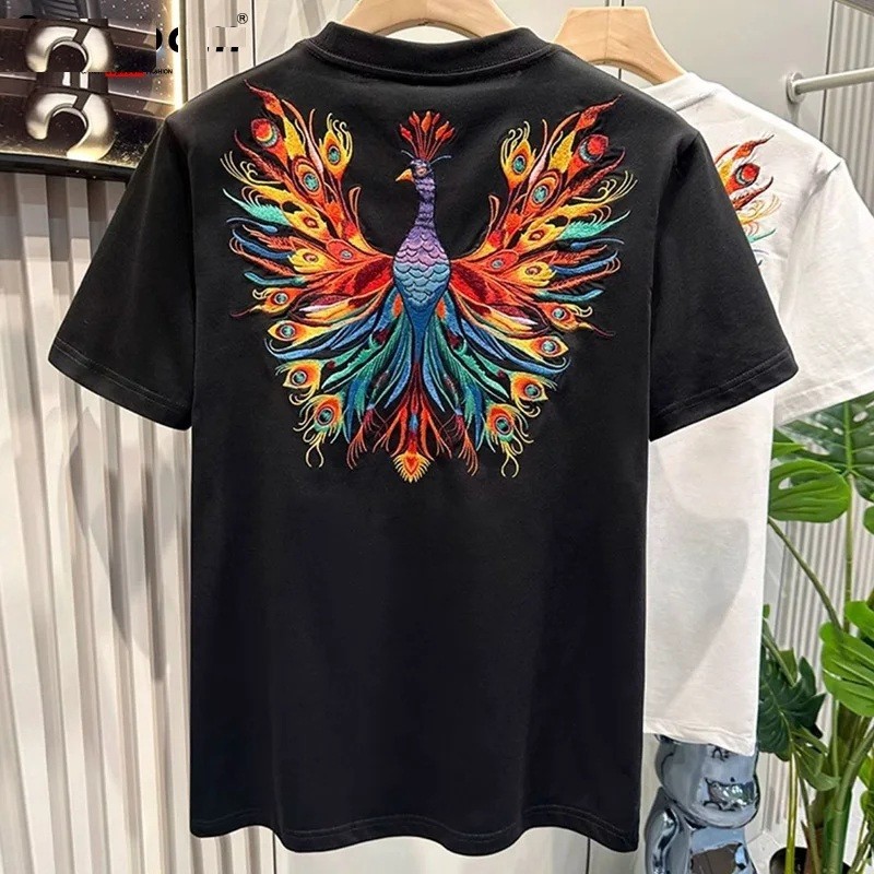 Men Peacock Embroidered T-Shirt Heavyweight Cotton Streetwear Casual Tee