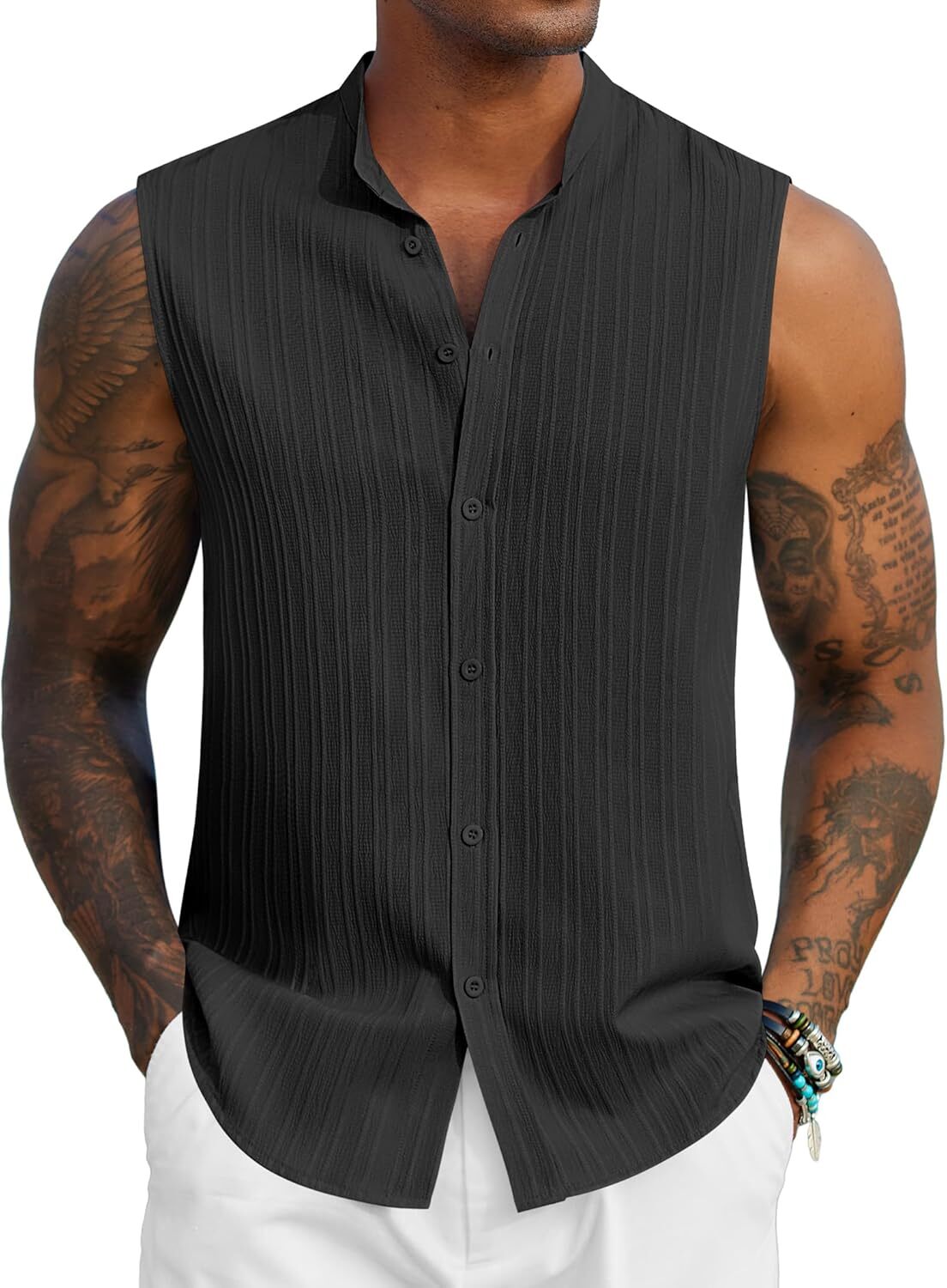 Mens Sleeveless Summer Shirts Beach Tank Tops Button Up Tank Shirt for Vacation