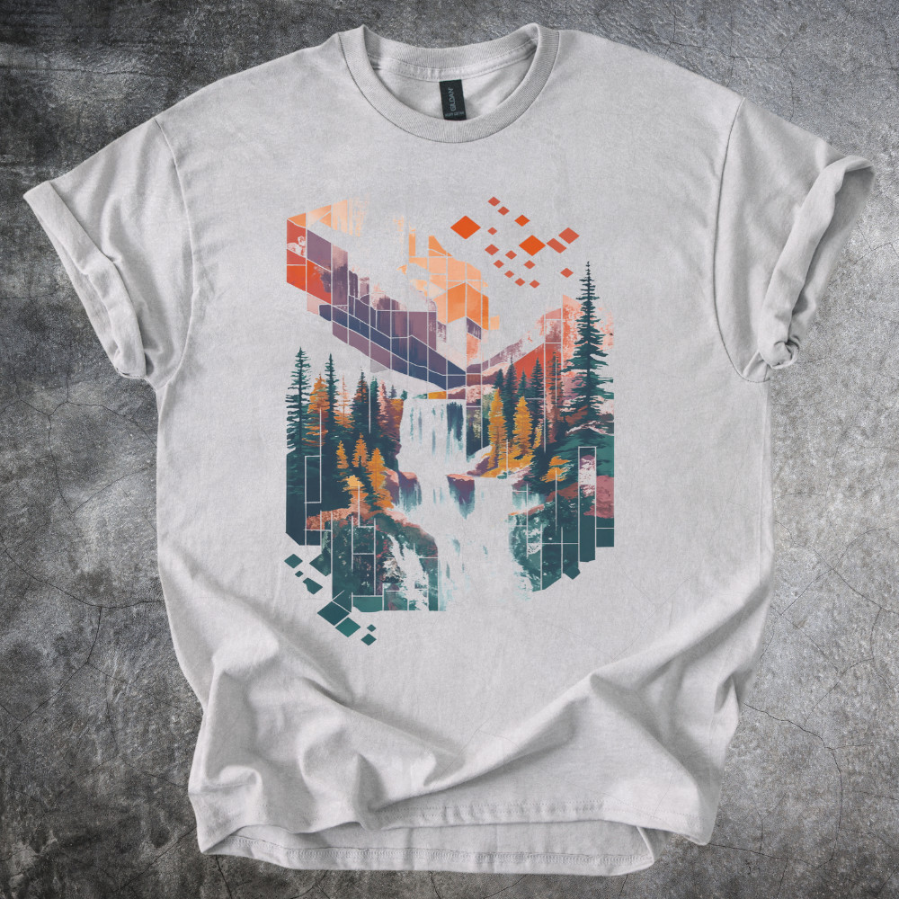 Abstract Waterfall Shirt Geometric Mountain Landscape Tshirt Cotton Light Gray