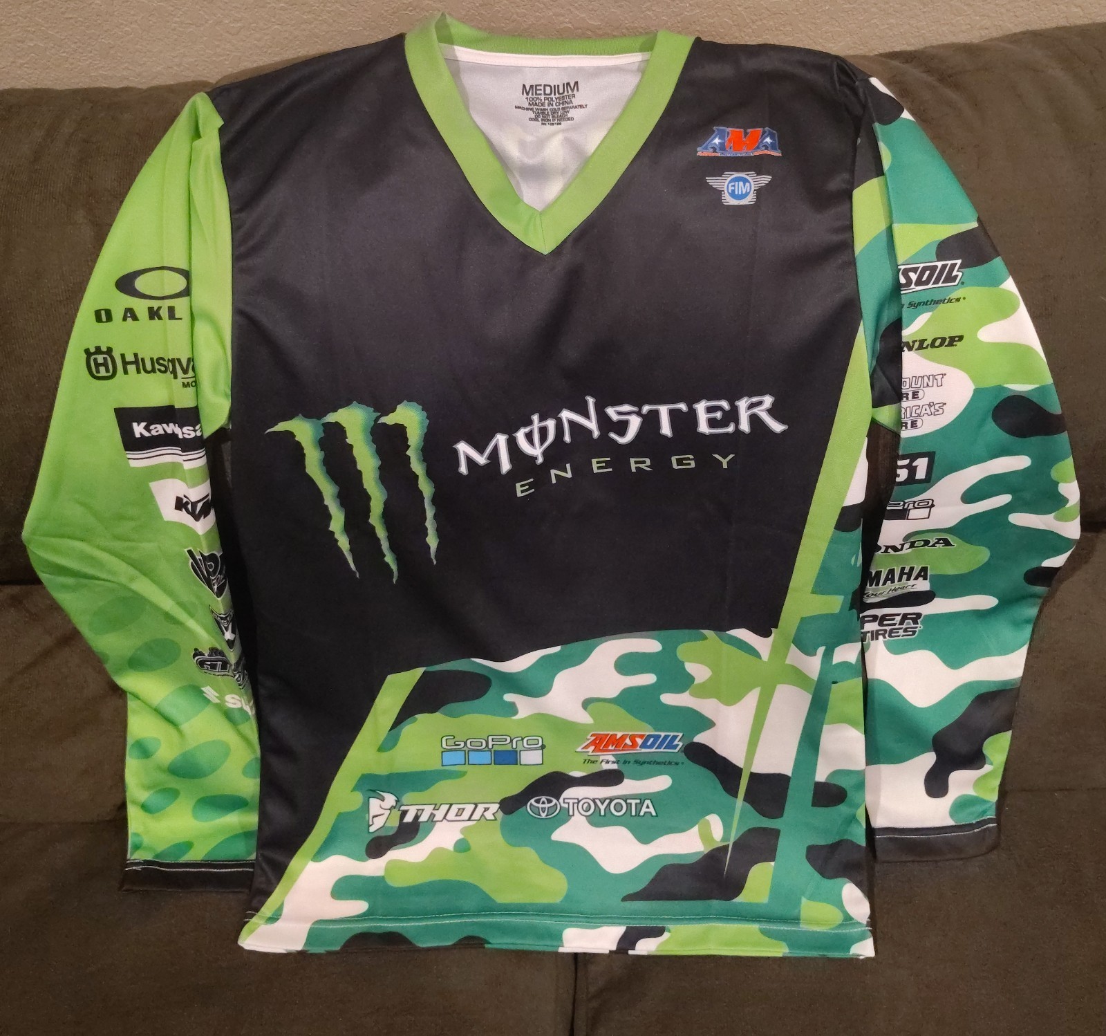 Monster Energy Motocross Black and Green Camo Long Sleeve Shirt Size M
