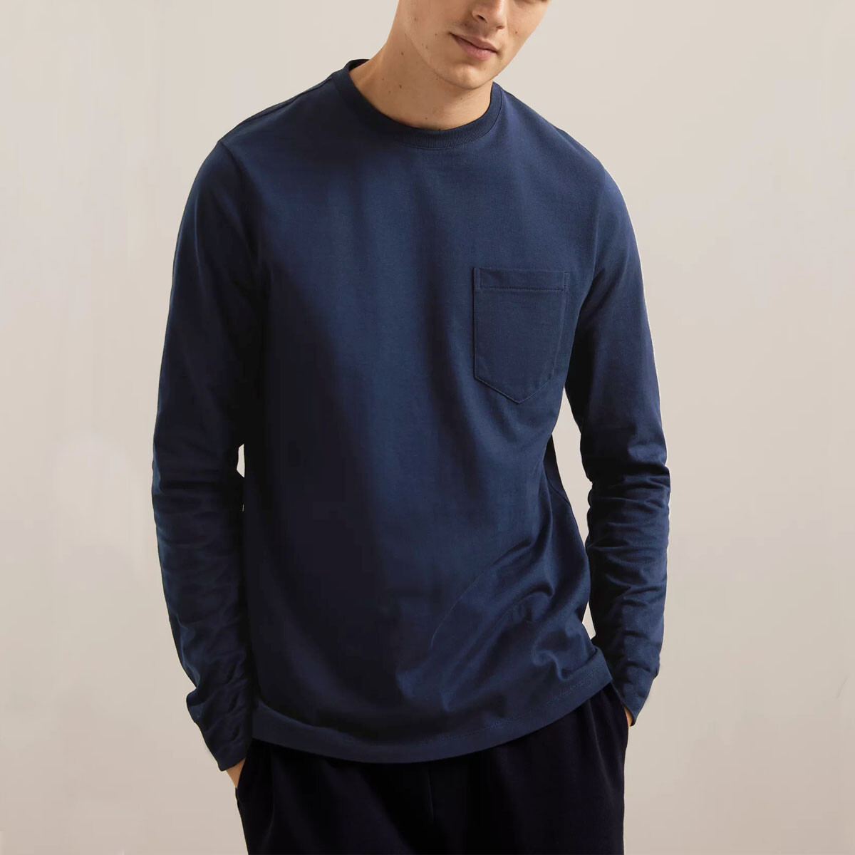 Mens Long Sleeve T-Shirt Plain Crew Round Neck Casual 100% Cotton Pocket Tee Top