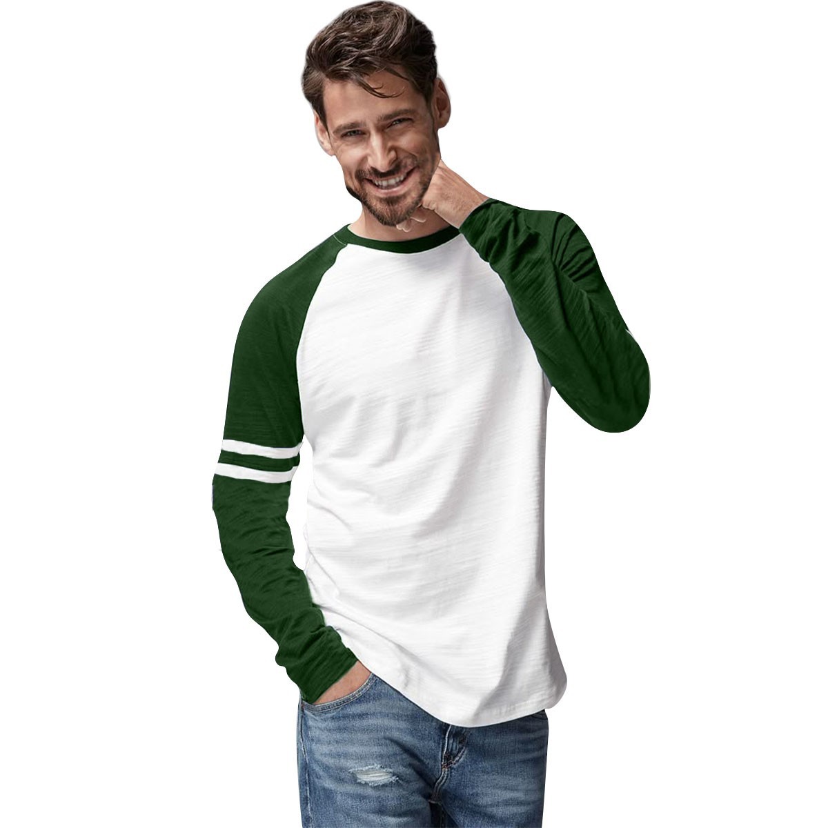 Mens Triblend Long Sleeve Baseball T-Shirt Casual Raglan Plain Contrast L/S Top