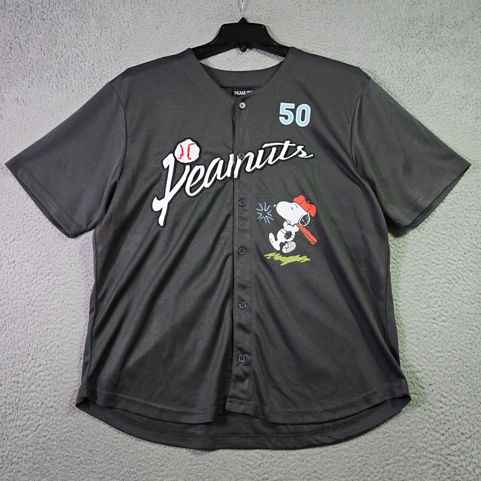 Peanuts® Snoopy Baseball Jersey shirt Mens Large Black Charlie Brown Button NWT