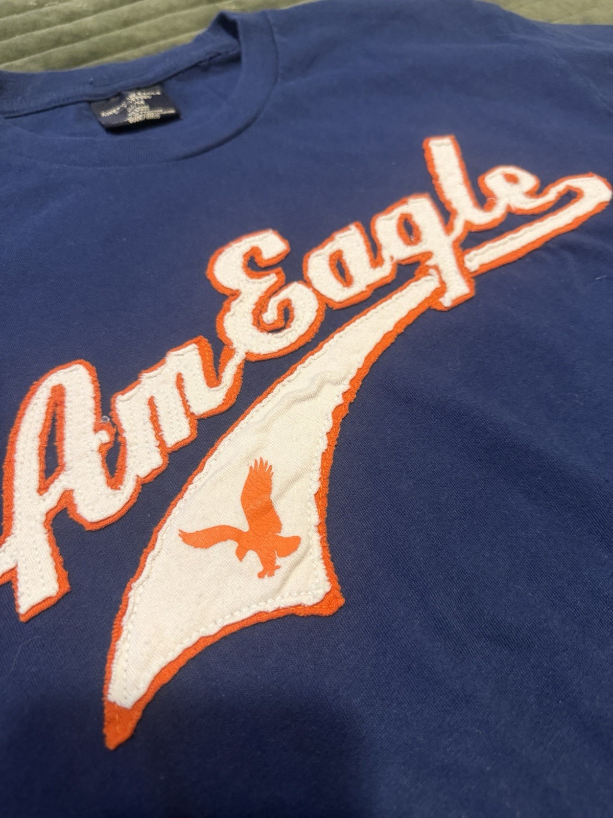 Vintage American Eagle Embroidered Spellout T-Shirt Blue Medium Men’s