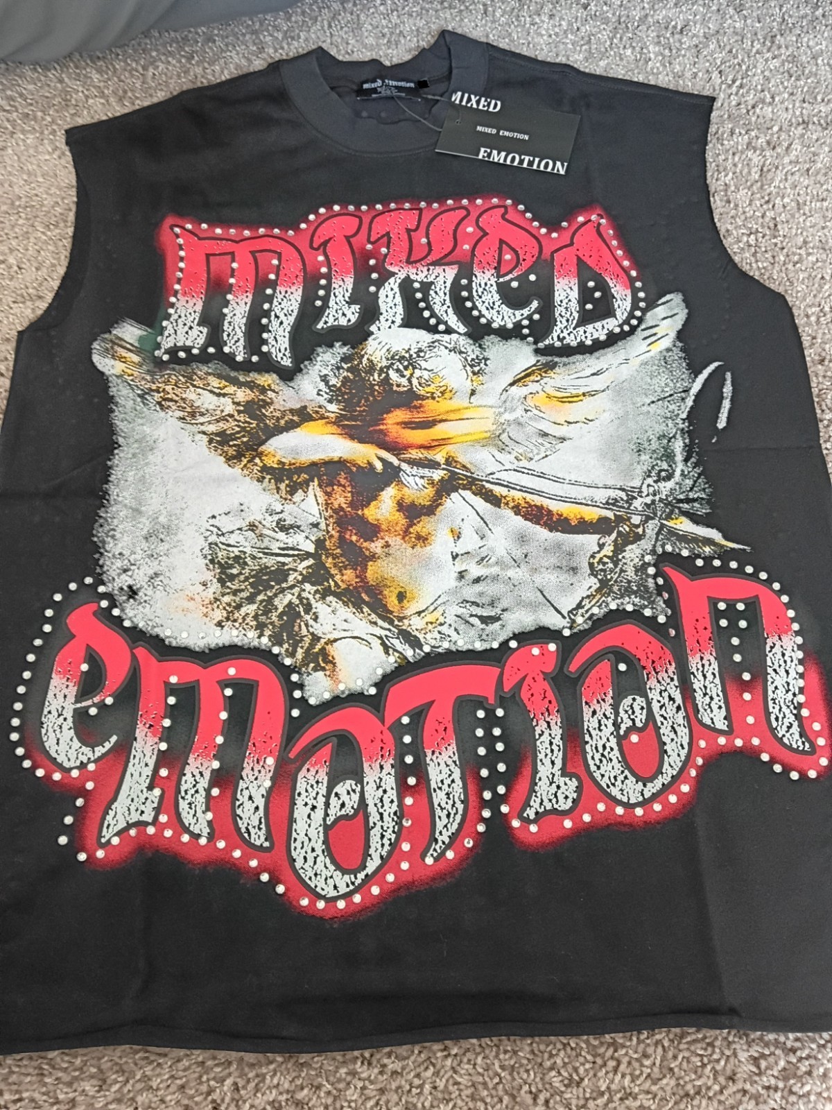 Mixed Emotions Sleeveless Crew Neck Graphic Rhinestone Cotton Tee