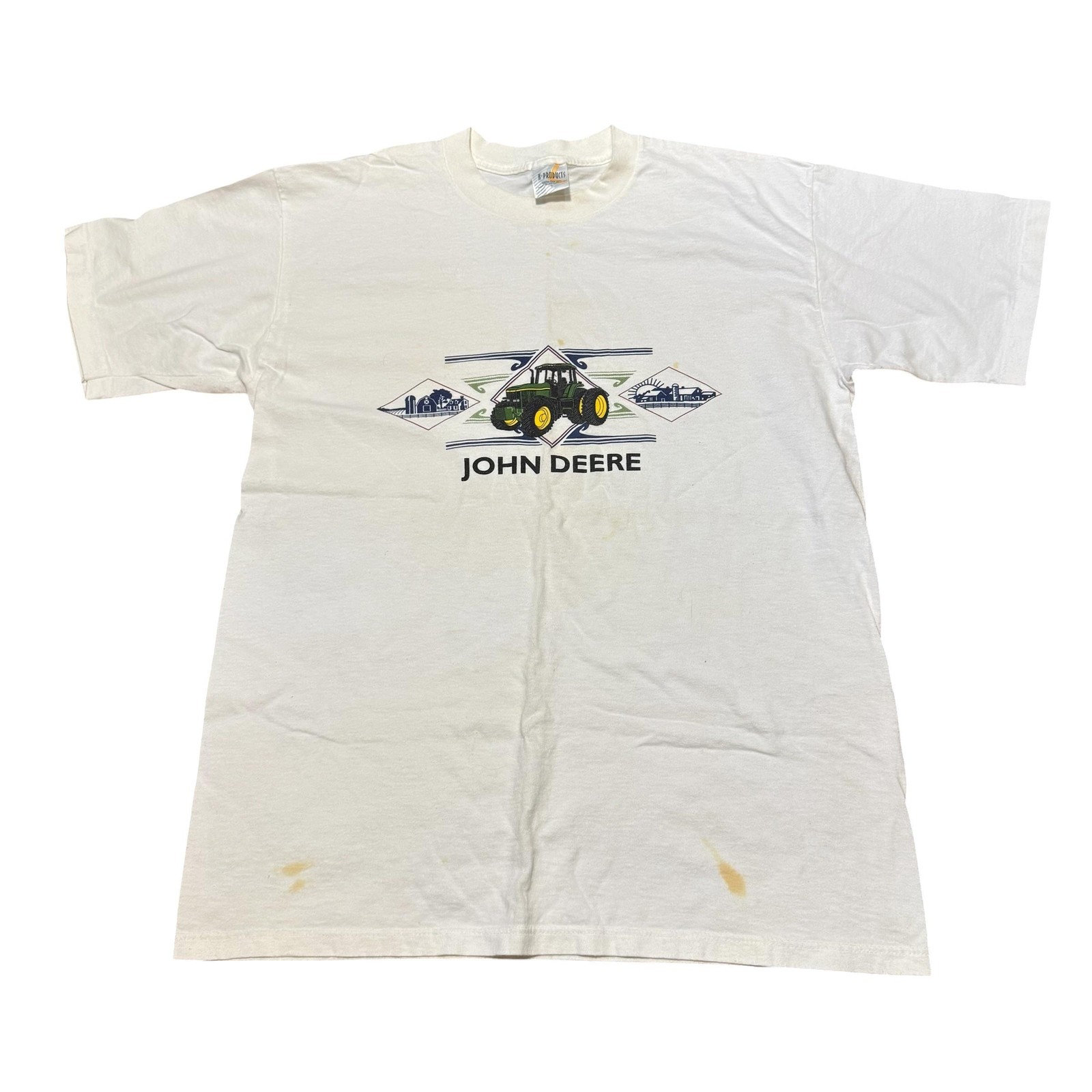 Vintage John Deere Shirt Mens Large White Tractor Farm Graphic USA 90s
