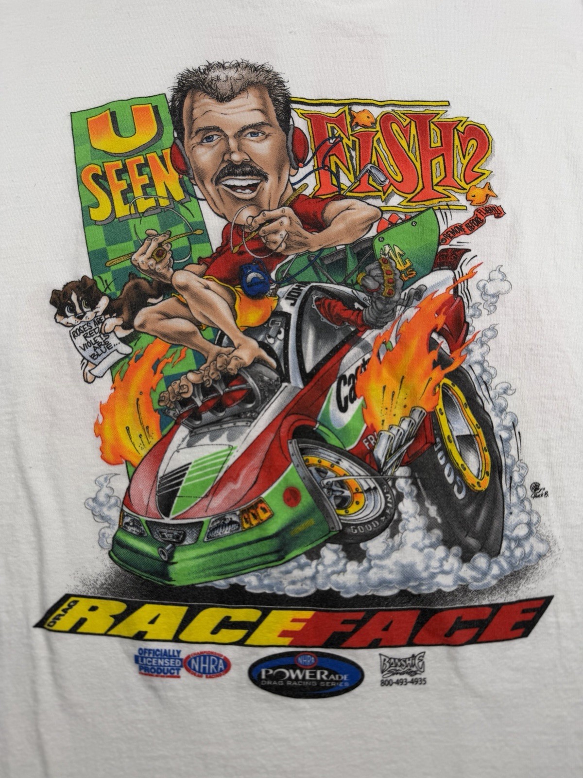 Vtg NHRA Shirt U Seen Fish John Force Caricature Drag Racing Cartoon 90s Mens XL
