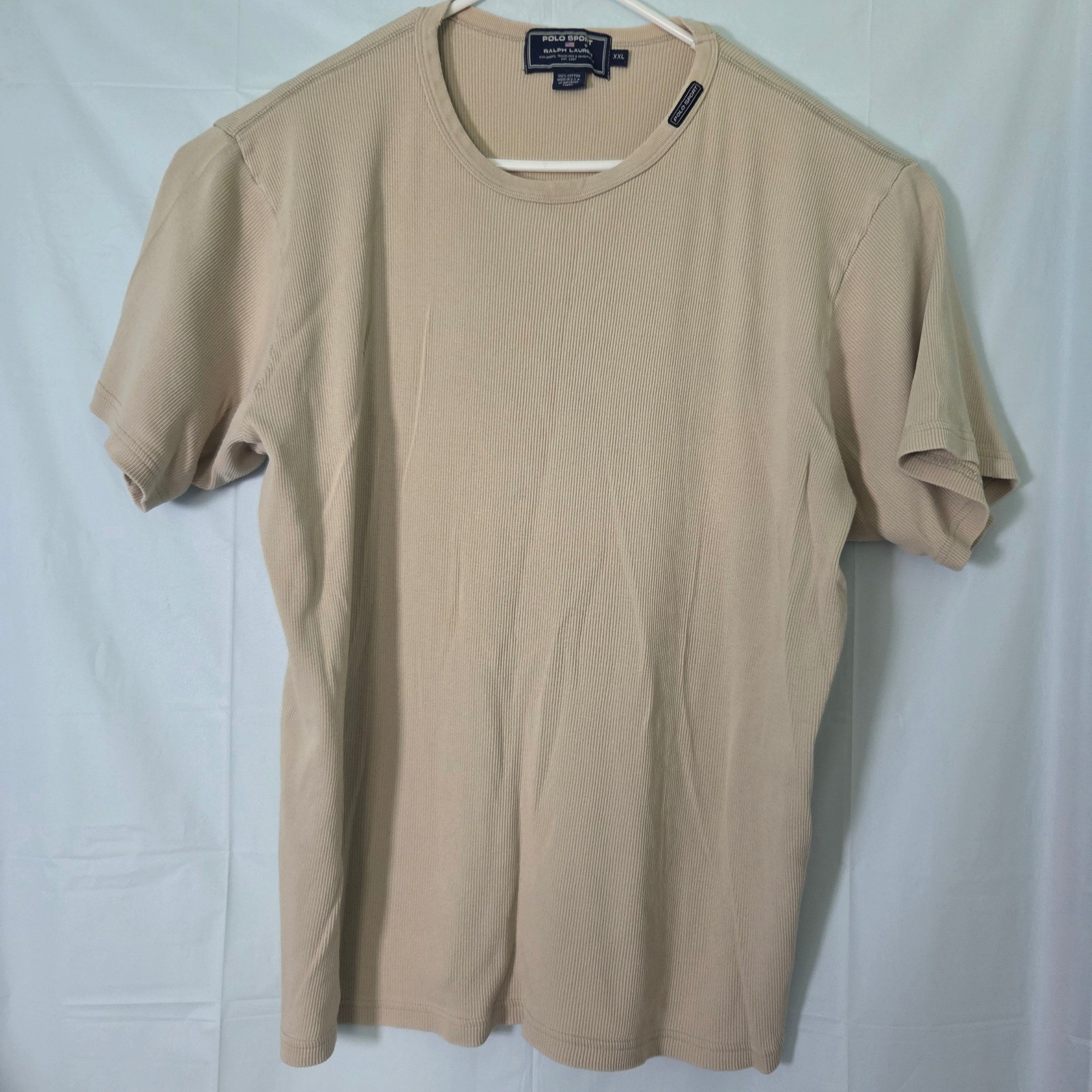 Polo Sport Ralph Lauren Mens XXL Beige Ribbed Cotton T-Shirt Made in USA Vintage