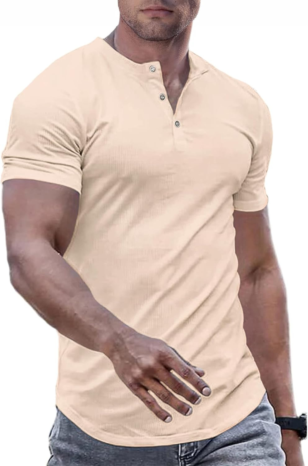 Men’s Muscle Slim Henley Shirts Crewneck T-Shirt Gym Workout Athletic Shirt Tees