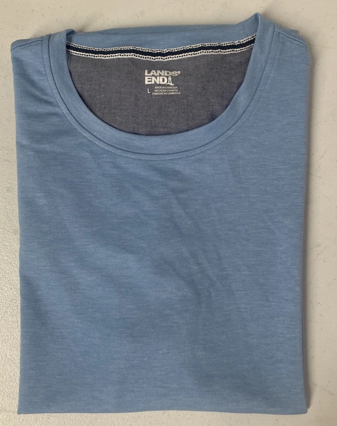 Lands End Mens Classic Fit 4-Way Stretch Tee Shirt BLUE Crewneck LARGE Short Sle