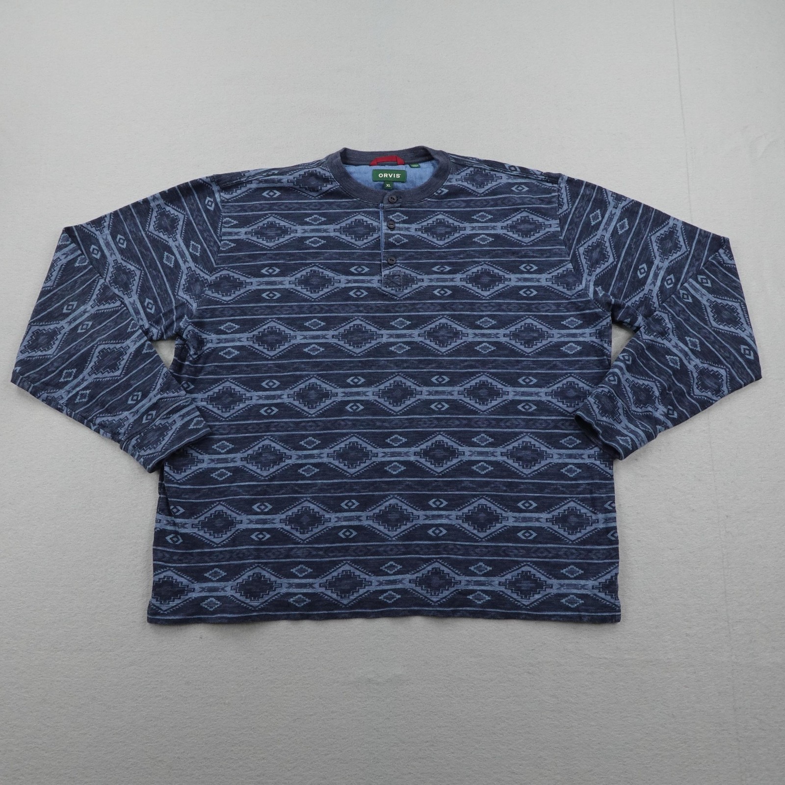 Orvis Shirt Men XL Blue Aztec Southwestern Geometric Henley Pullover Long Sleeve