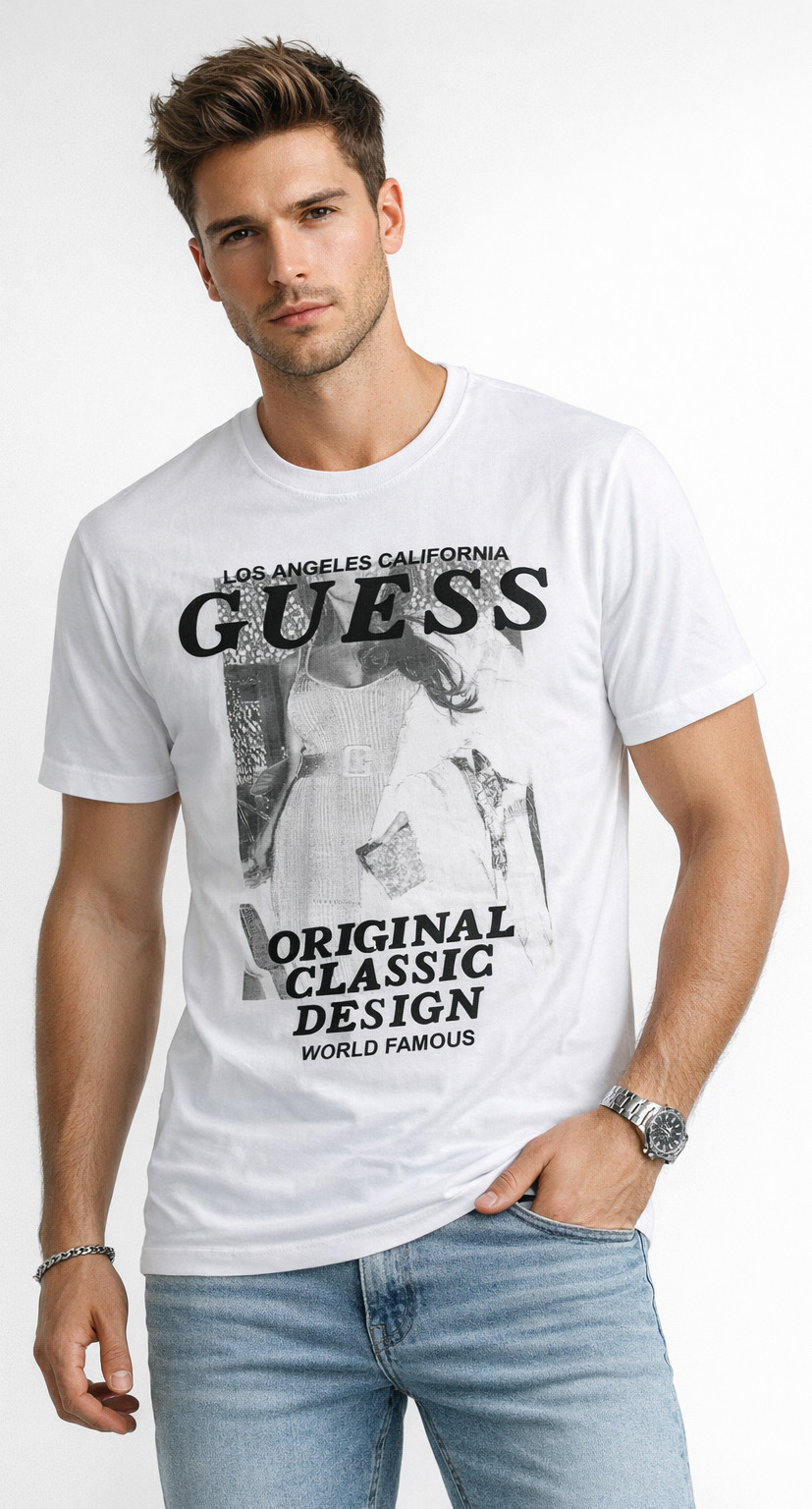 GUESS Mens T-Shirt New S White Front Graphic Logo Original Classic Design Slim