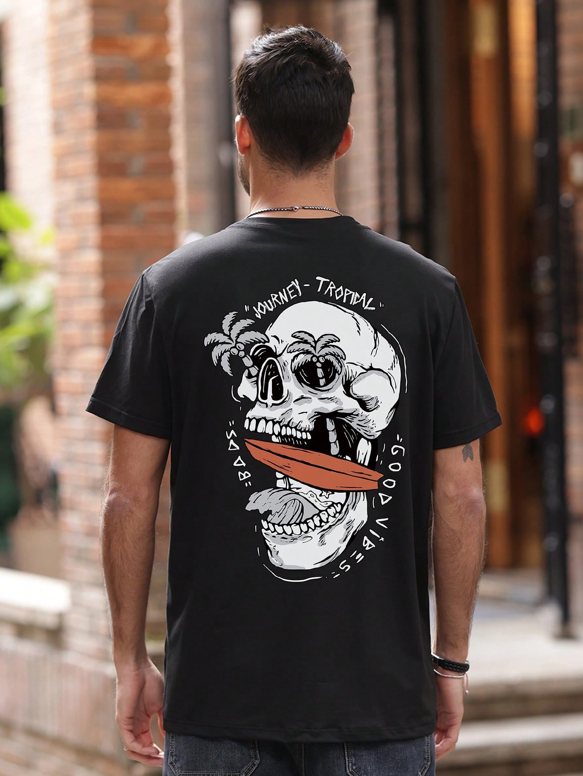 Men’s Summer Casual Letter & Skeleton Print Round Neck Short Sleeve T-Shirt