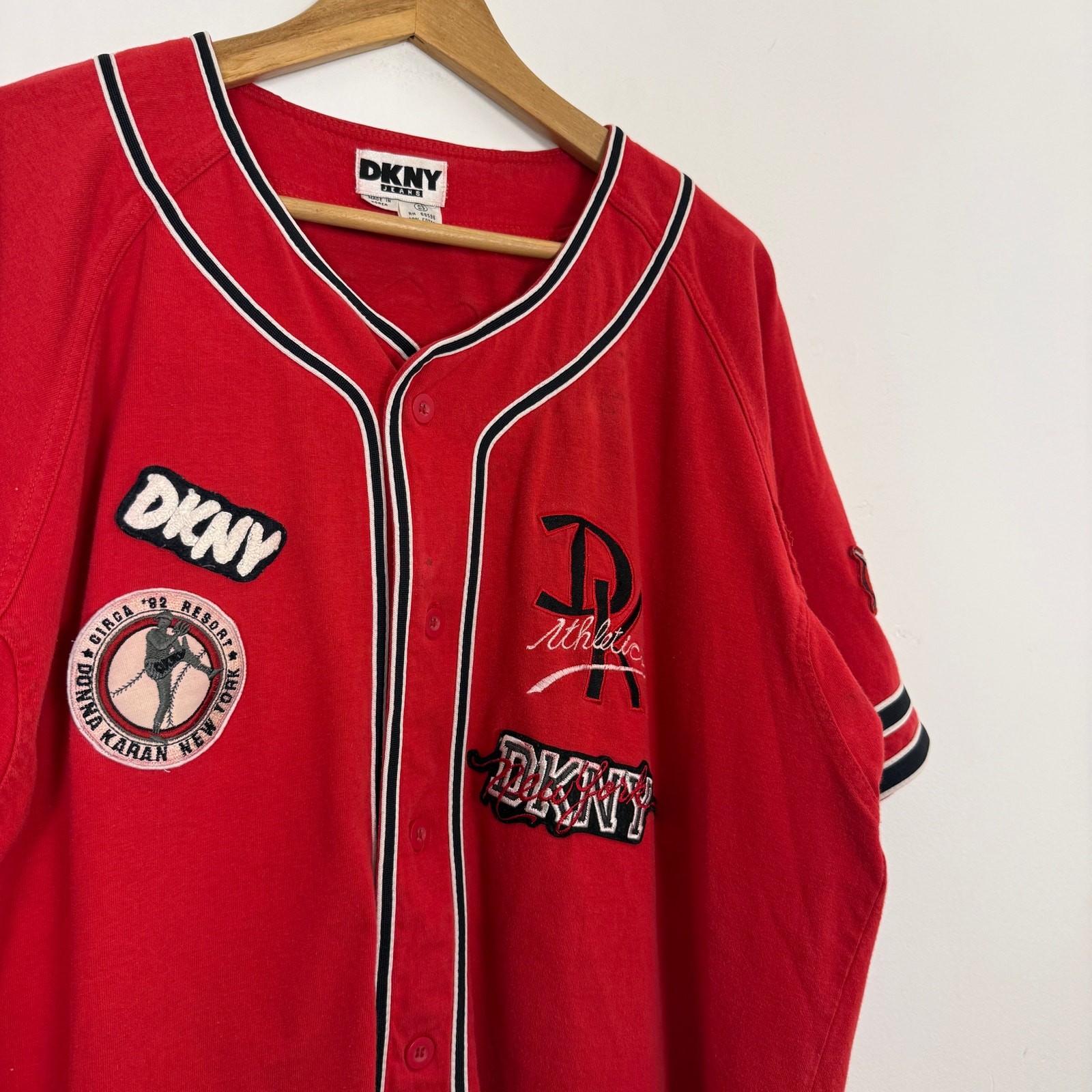 Vintage 90s DKNY Patchwork Baseball Jersey Button Up Shirt Streetwear Sportswear