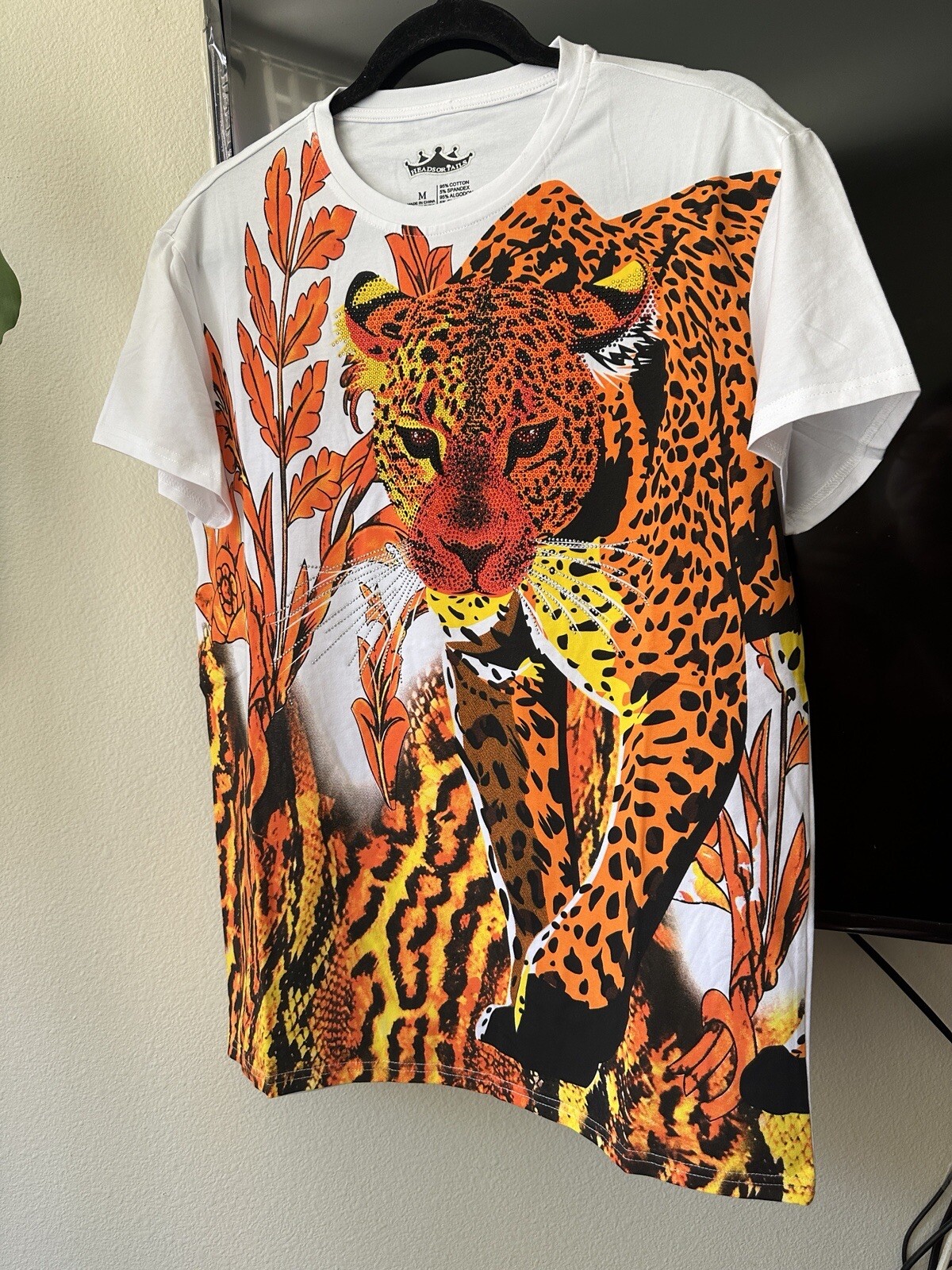 Head or Tails Men’s Rhinestones Beaded / White/Orange Tiger T-shirt Size M