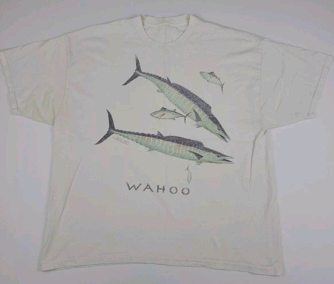 Vintage 90s Wahoo Fish Marlin Artwork Print T Shirt Vtg Fishing Outdoor USA Art