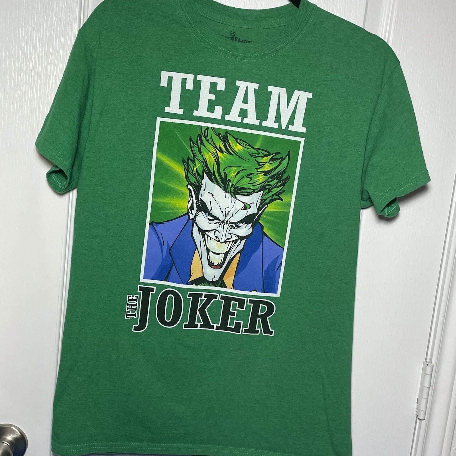 Six Flags Men’s Graphic T-shirt Team THE Joker Green Short Sleeve Medium