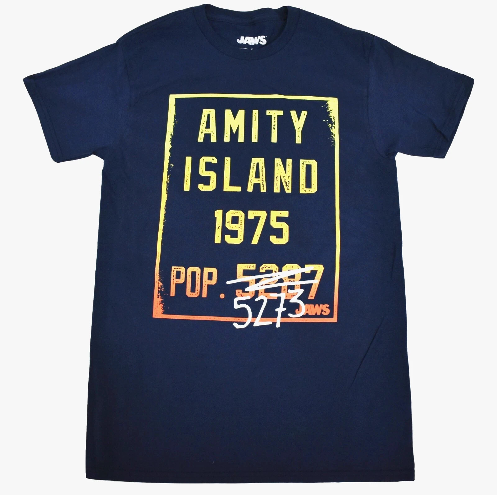JAWS Mens Amity Island 1975 Population 5273 Shark Terror Movie Shirt New S, M