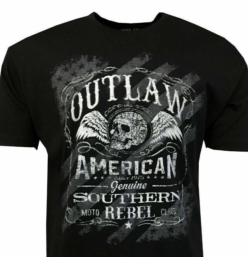 Outlaw Southern Rebel Men’s T-shirt- American Moto Club – Skull-Wings Black