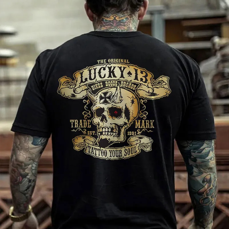 Lucky 13 T Shirt Skull Black Graphic Tee Rockabilly Tattoo Biker Men Short
