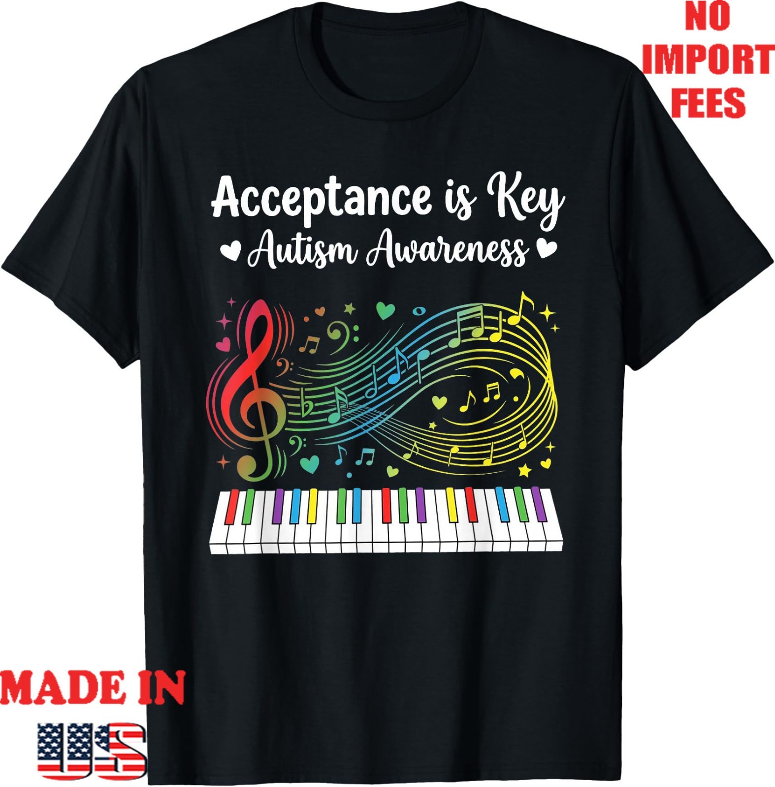 Acceptance is Key Autism Awareness Music Piano Unisex T-Shirt ,Gildan 5000