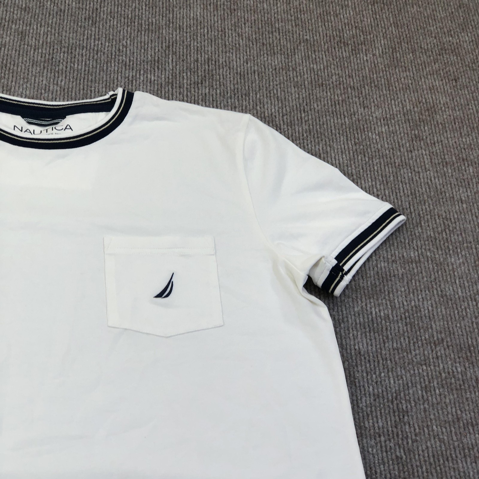 Nautica Shirt Mens Medium White Sail Logo Pocket Tee Tagless Ringer Nautical