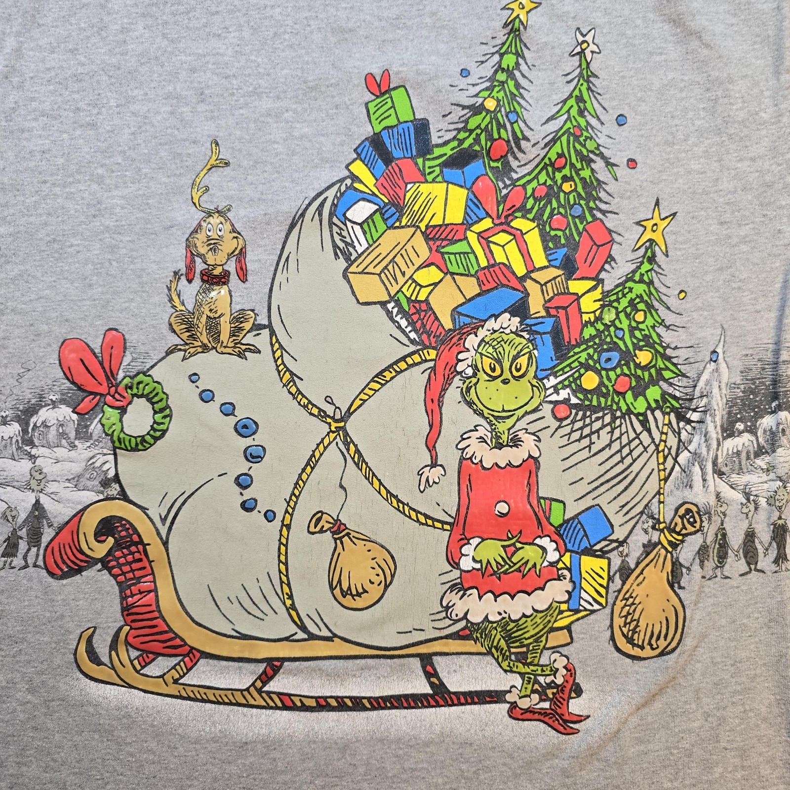 Vintage Dr. Seuss Grinch Shirt Mens Medium Gray Christmas Double Sided 00s 2001