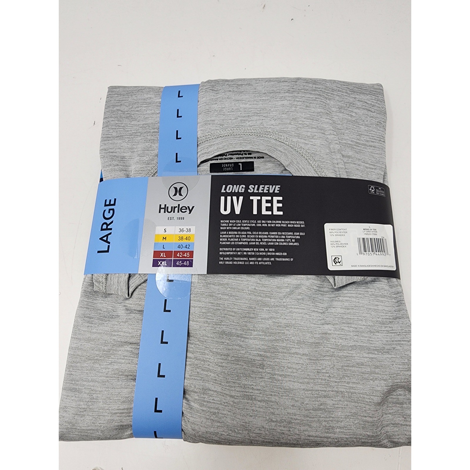 Hurley Mens UV Long Sleeve Tee Shirt Grey Poly Blend Athletic Workout Size Large