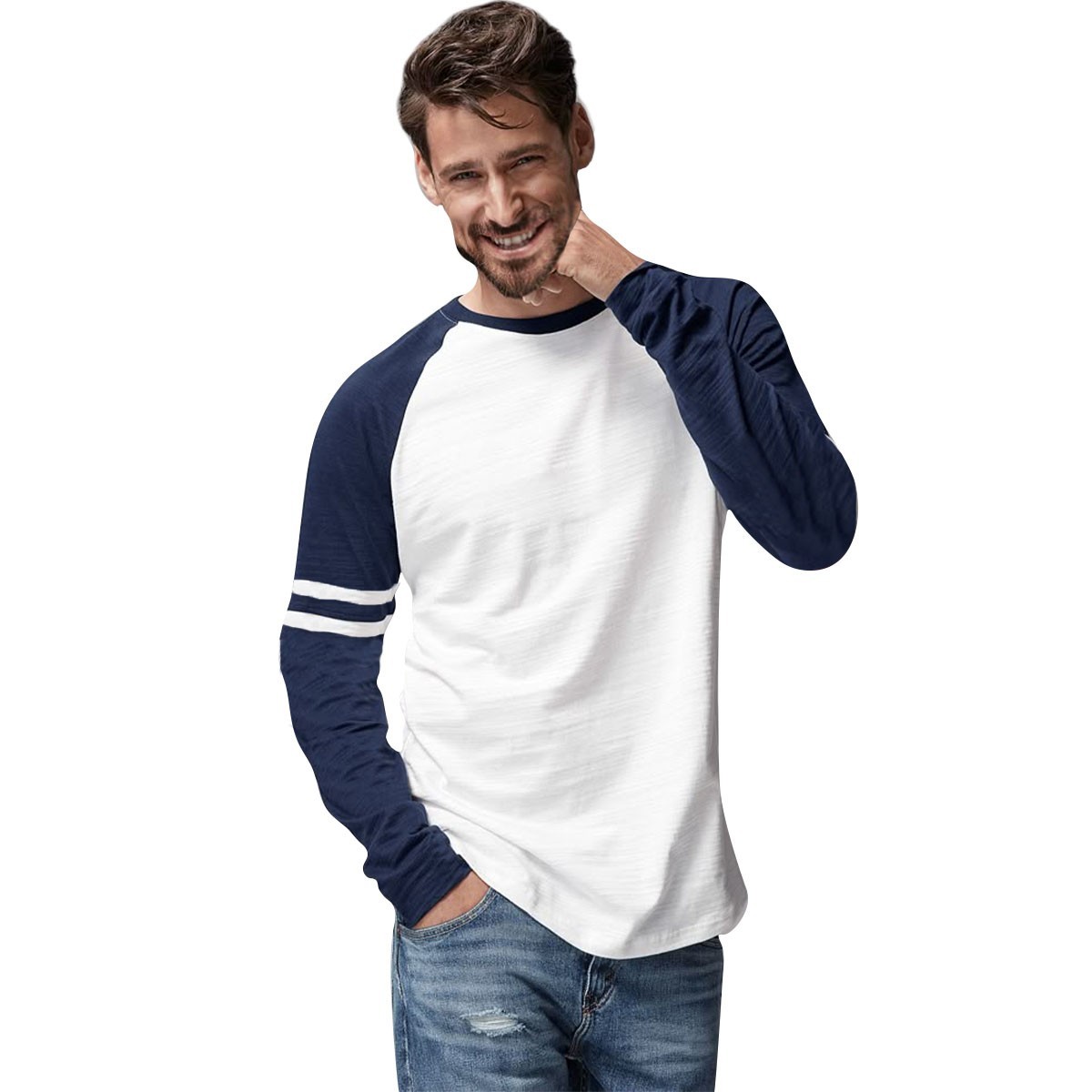 Mens Triblend Long Sleeve Baseball T-Shirt Casual Raglan Plain Contrast L/S Top