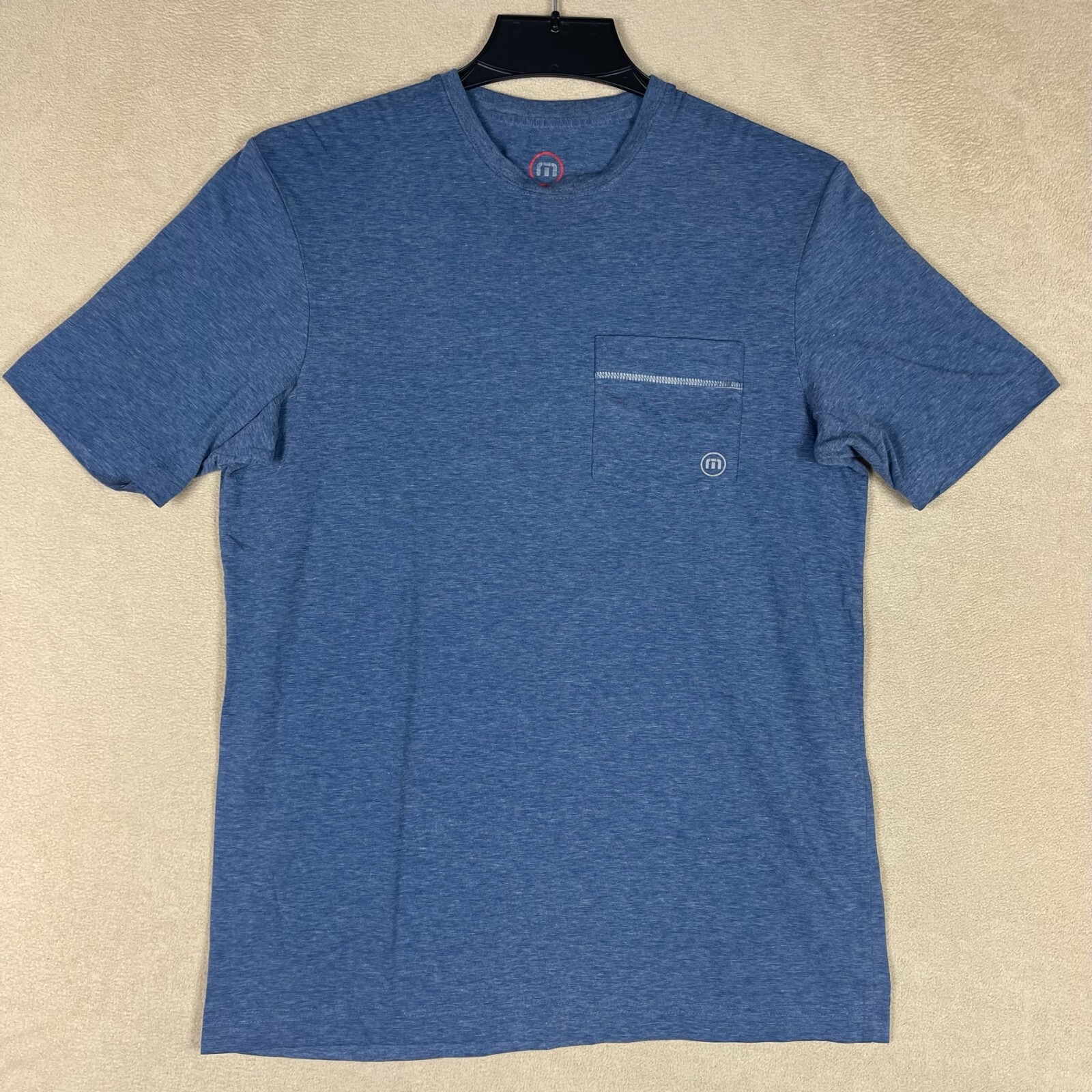 Travis Mathew Mens S Short Sleeve T Shirt Round Neck Chest Pocket Blue Stretch