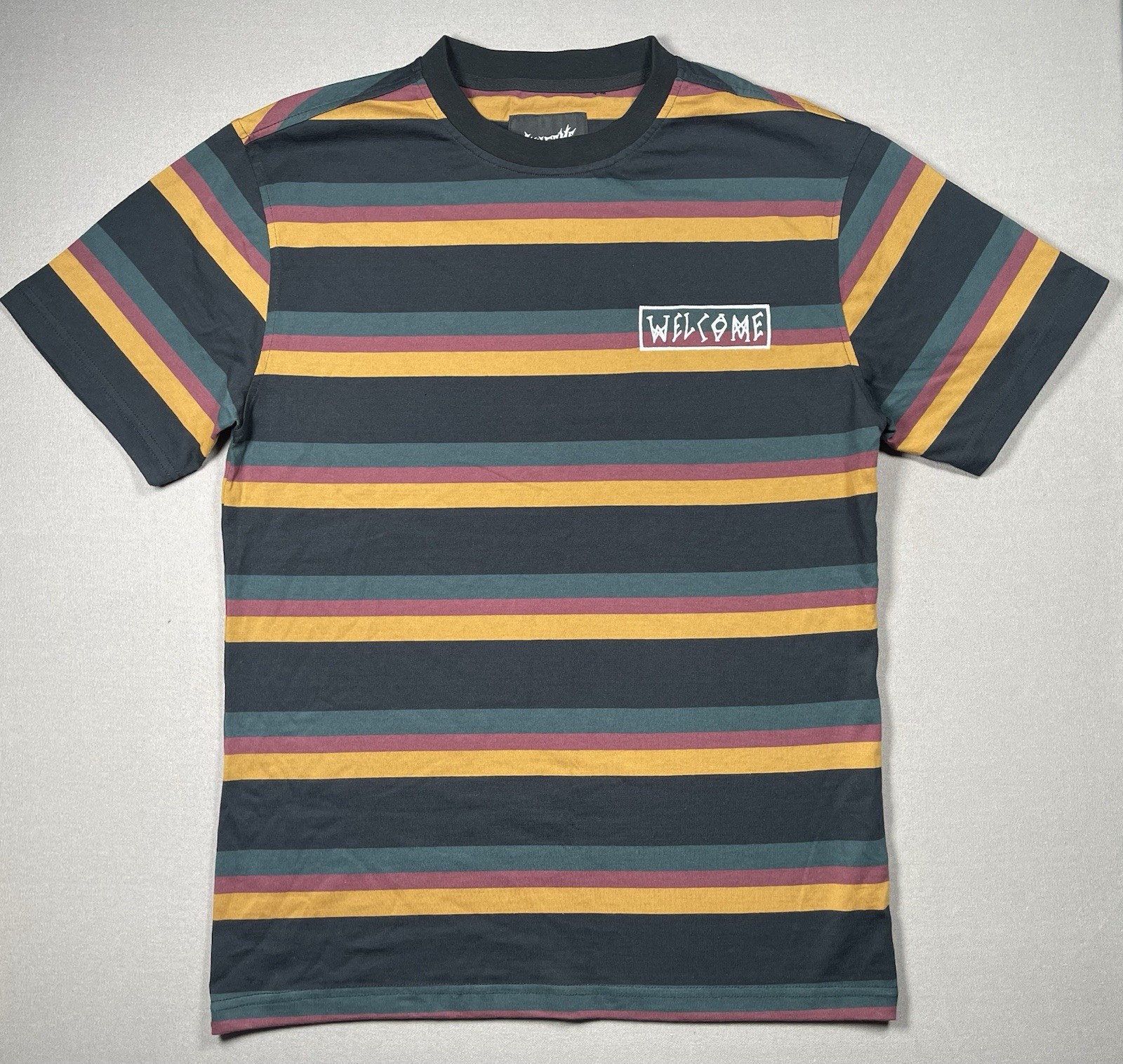 Welcome Skateboards Medius Multi Colored Black Stripe Tee Shirt- Men Size Medium